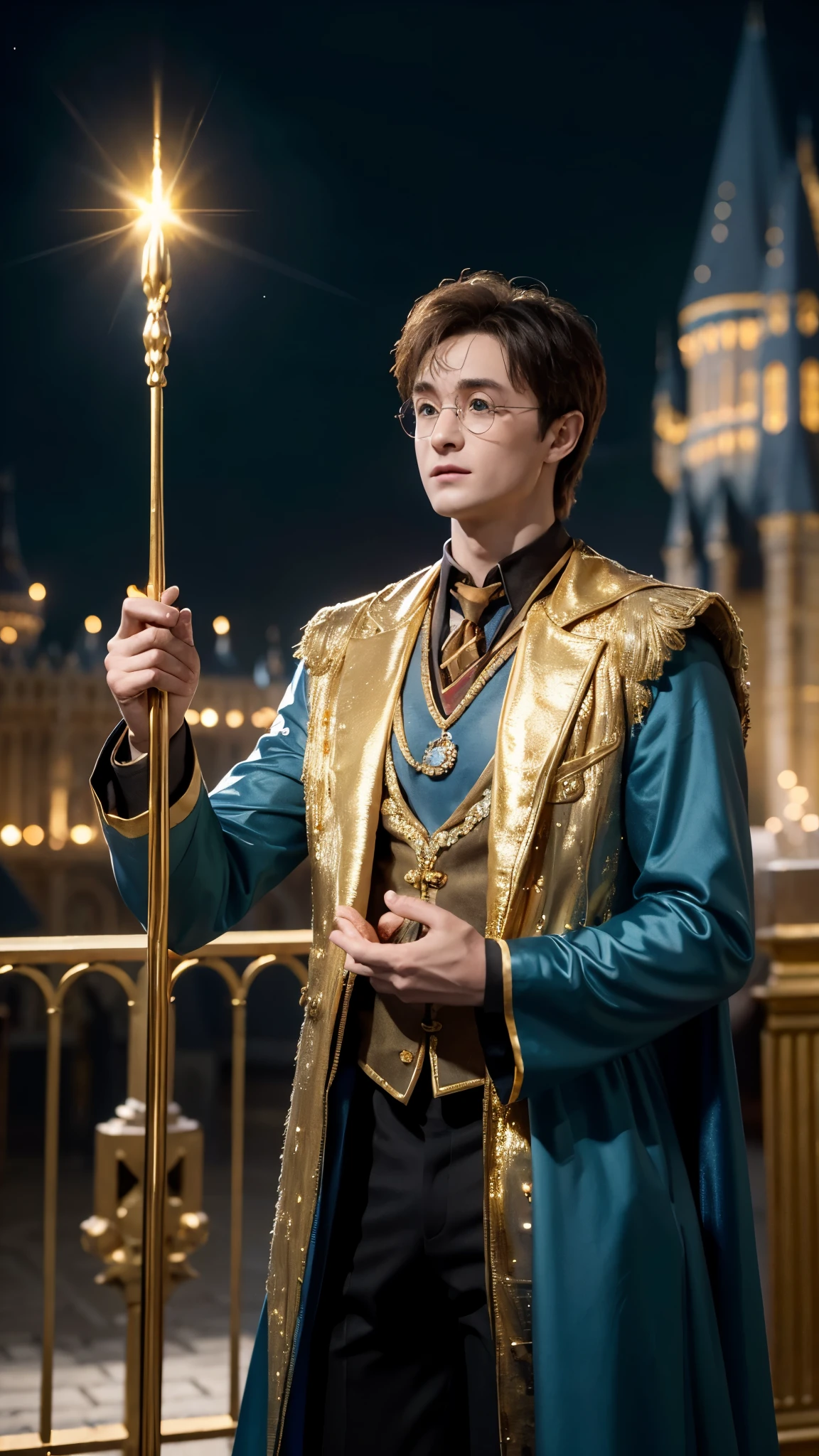 blue skin Harry Potter, muscular body, bare upper body, golden ornaments, flashy costume, Hogwarts in the background, golden king, golden emperor Harry Potter, painted in the center, crowd in the background, golden effect, golden magic, high quality,Harry Potter with golden skin, muscular body, bare upper bodyHarry Potter with golden skin, nothing on, naked, nothing on upper body, golden ornaments, flashy costume, Hogwarts in background, golden king, golden emperor Harry Potter, painted in the center, crowd in background, golden effect, golden magic, high quality, high definition、Harry Potter, the king who unifies the universe, robot in the background,