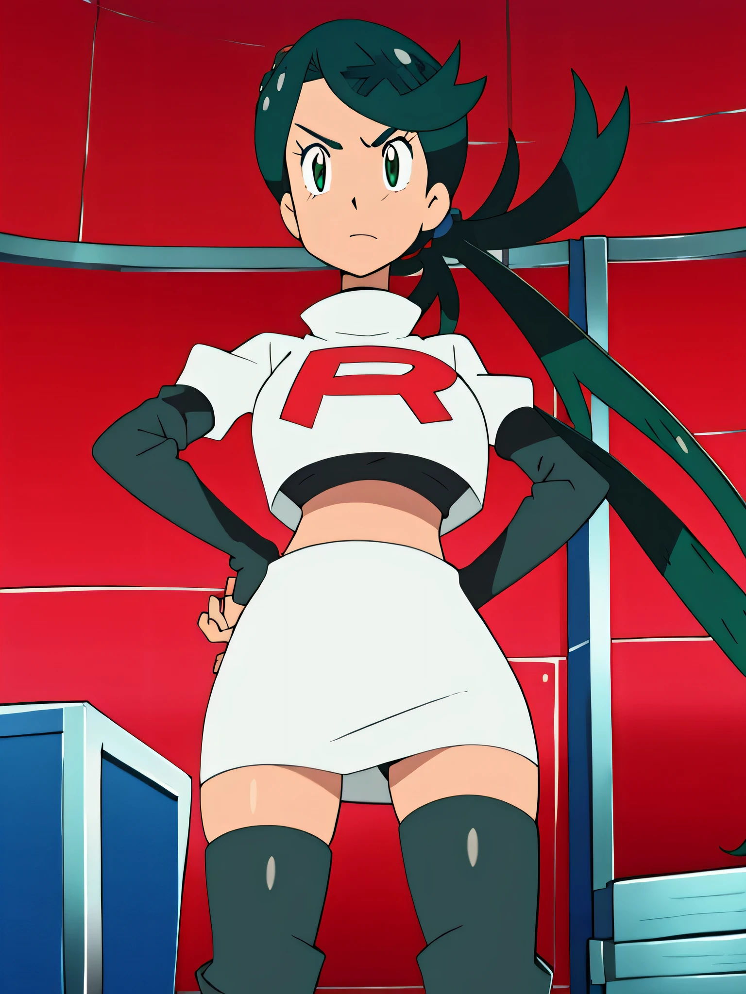 masterpiece,best quality,high res,high quality,8k, masterpiece,highres, team rocket uniform, red letter r, white skirt,white crop top,black thigh-high boots, black elbow gloves, glaring angrily, looking down at viewer, hands on hips, cowboy shot, zettai ryouiki,spread legs,from below, black panties,anime style, vivid colors, sharp focus, intense lighting,Persona4YukikoAmagi,long hair,black hair,brown eyes,headband