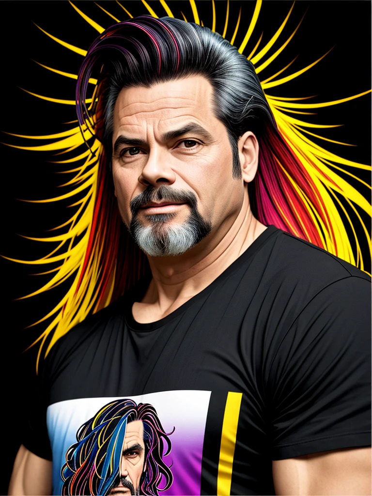 mid age man , line art, colorful and exotic flowing hair, intricat detailed, cartoon, comic book ink pen, black, vector for t-shirt, detailed image, delicate, manly , high resolution Hyperrealistic, splash art, concept art, mid shot, intricately detailed, color depth, dramatic, 2/3 face angle, side light, colorful background