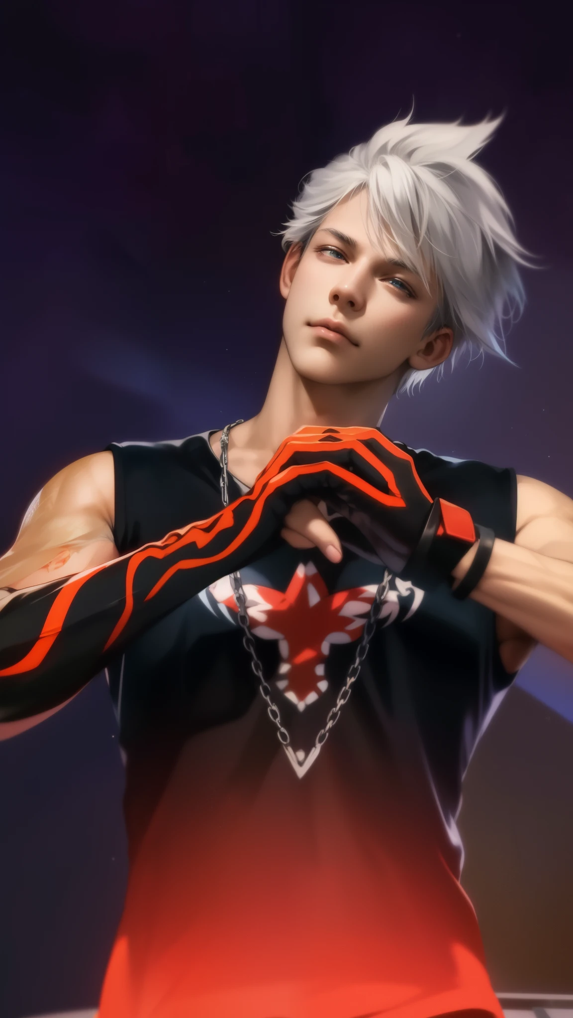 Masterpiece, high quality, best quality, HD, realistic, perfect lighting, detailed body, 1 man, dark white hair, face expression, black military suit, in the cave