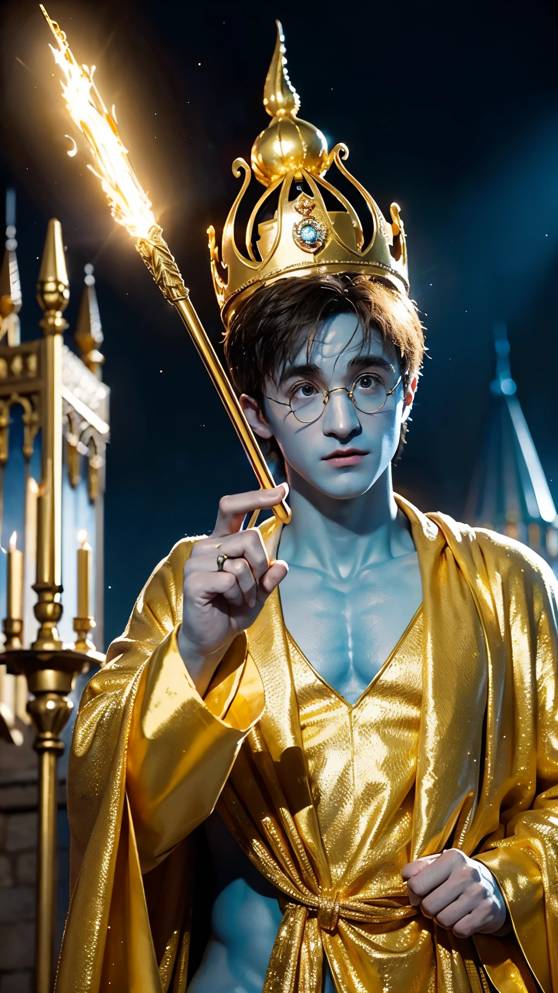 blue skin Harry Potter, muscular body, bare upper body, golden ornaments, flashy costume, Hogwarts in the background, golden king, golden emperor Harry Potter, painted in the center, crowd in the background, golden effect, golden magic, high quality,Harry Potter with golden skin, muscular body, bare upper bodyHarry Potter with golden skin, nothing on, naked, nothing on upper body, golden ornaments, flashy costume, Hogwarts in background, golden king, golden emperor Harry Potter, painted in the center, crowd in background, golden effect, golden magic, high quality, high definition、Harry Potter, the king who unifies the universe, robot in the background,