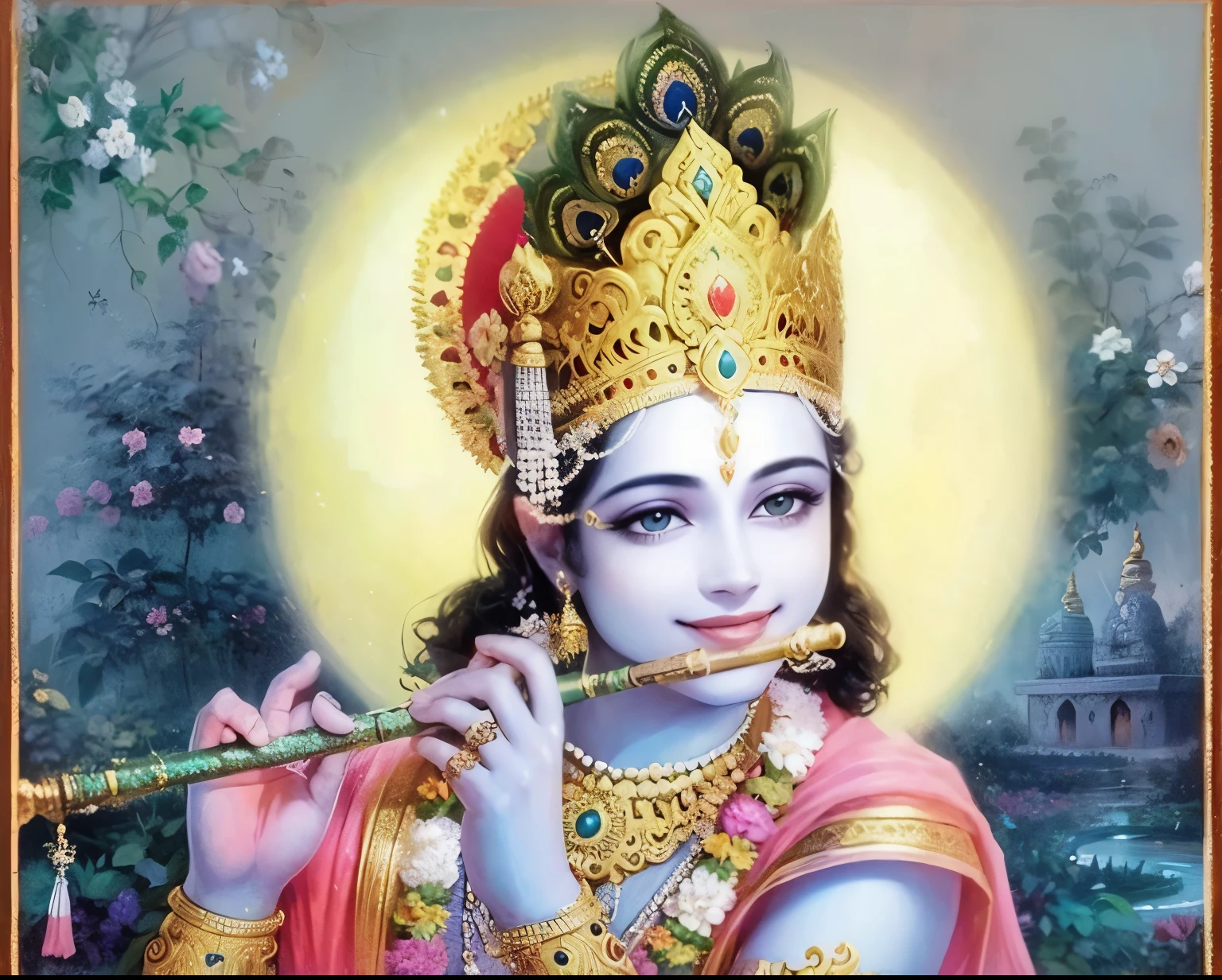 Lord Krishna holding a flute, divine smile, bright lightings, flower garden environment