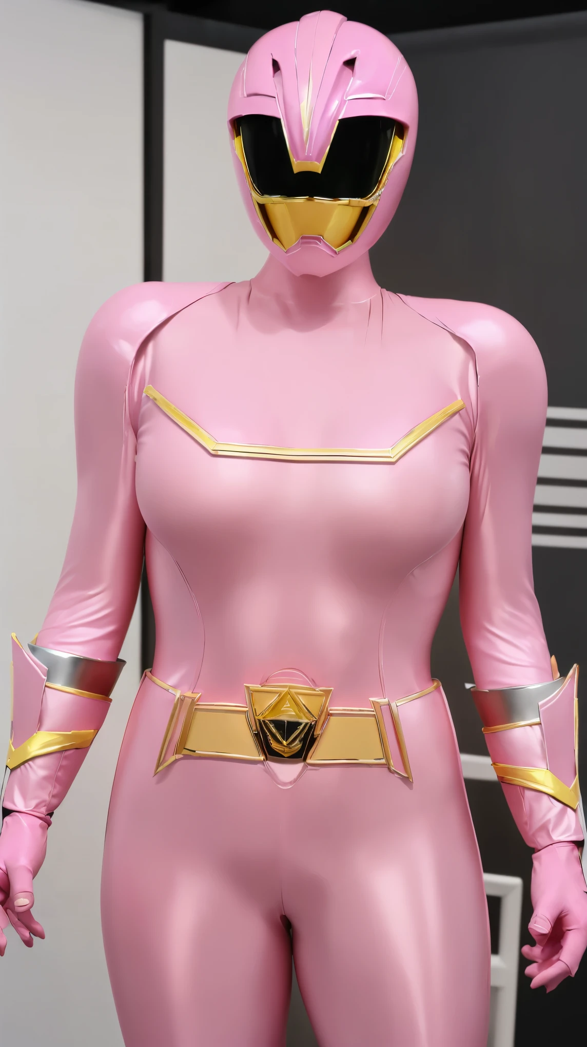 (8K、ultra high resolution、highest quality、masterpiece、realistic、ultra high resolution)、(((Must be female、Power Rangers in shiny neon pink leather、Must have big breasts、Definitely quite big breasts、feminine body、tight buttocks)A full-face helmet that ensures that your face and hair are not exposed.、Definitely a shiny neon pink patent leather full body suit、big emblem on the chest、Always at a cosplay venue:1.3))(very shiny helmet and suit)、