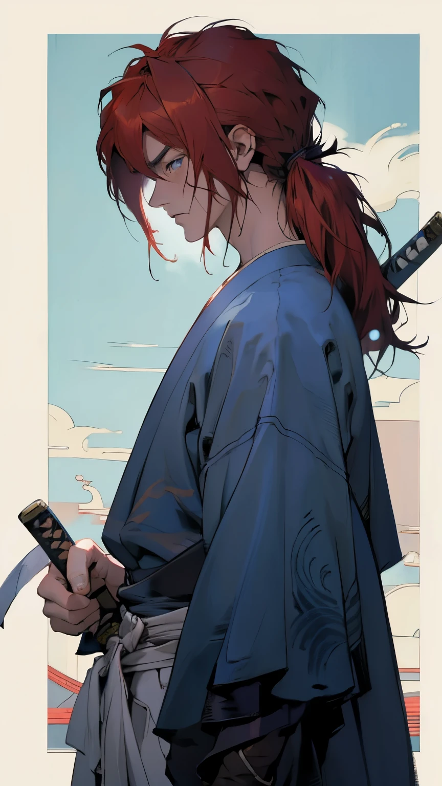 Man, Rurouni Kenshin, Himura battousai, samurai X, series of Samurai X, Red long hair, holding a katana 