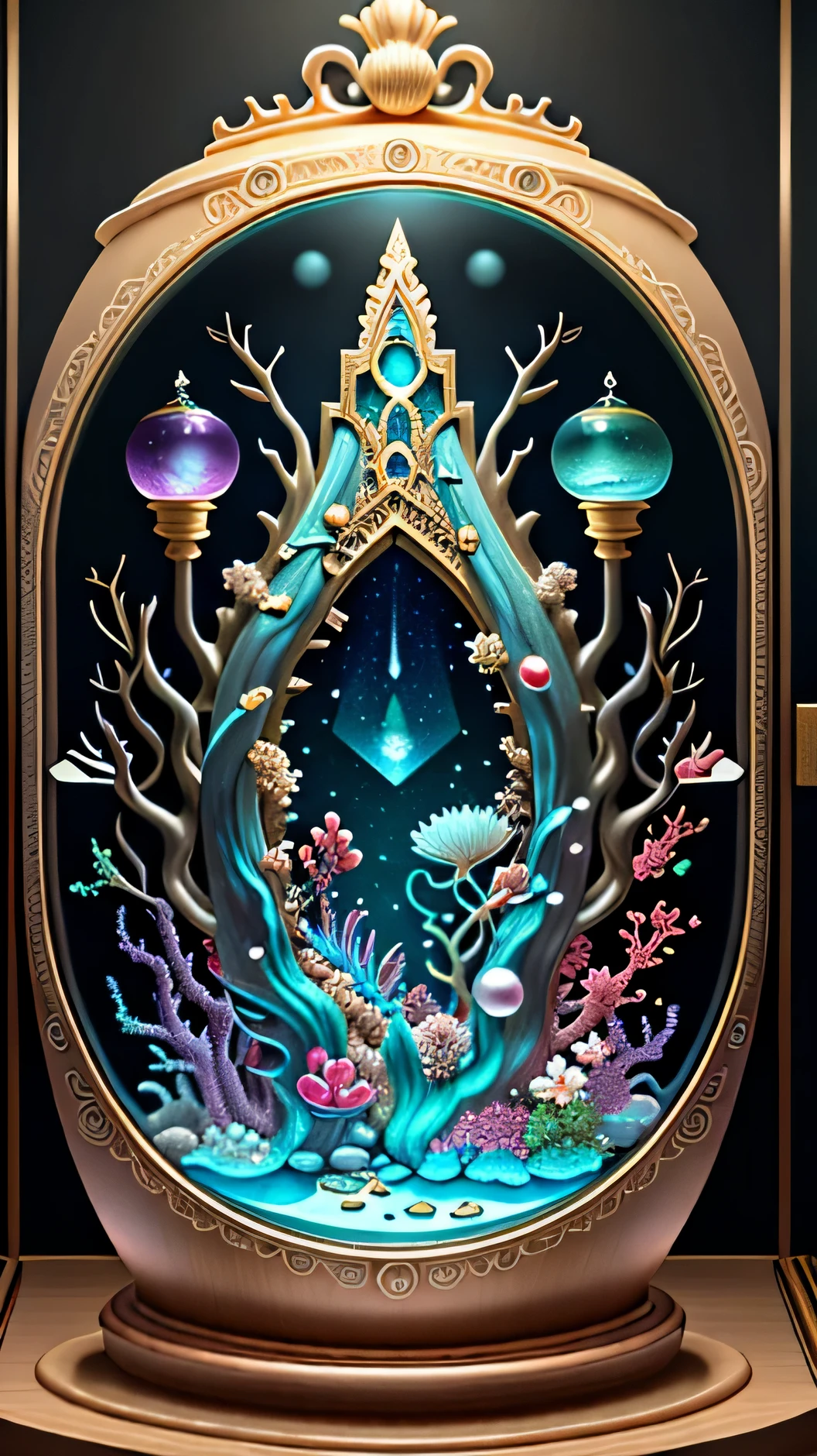 (Deep sea style: 1.2), full focus: 2, (Everything in the display cabinet: 1.3) Focus on enlarged deep sea themed artwork, Display a well-designed showcase，It&#39;s full of treasures. The magical underwater kingdom unfolds, Every detail and texture comes to life in ultra-high definition. The display case is a mesmerizing spectacle，Attracts viewers with its high-value magical items, including colored gems, Cherry blossoms, Silk screen products, medal, ore, obsidian, pearl, emerald, white jade, amethyst, sap