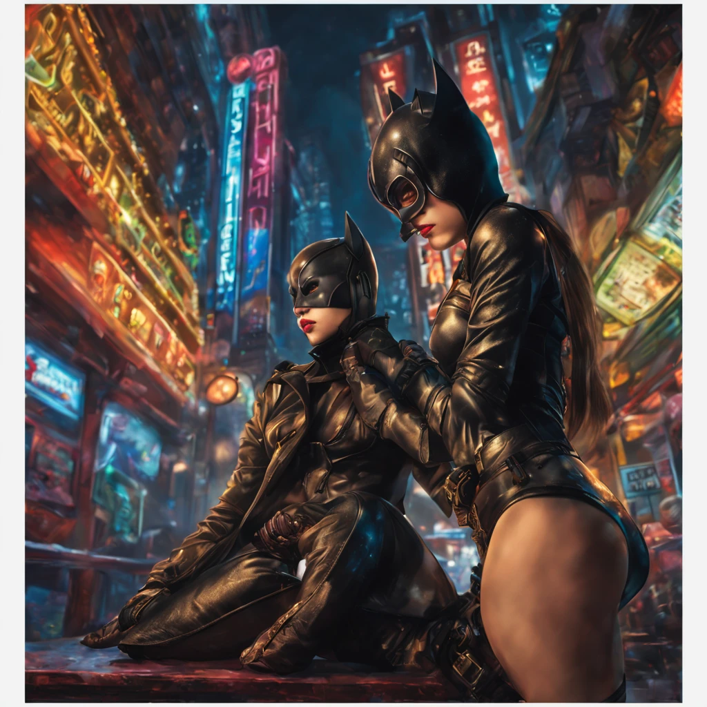 Batman confronting a thai ladyboy playing Catwoman,(beautiful detailed eyes,beautiful detailed lips,extremely detailed eyes and face,longeyelashes),sassy pose,cute outfit,redlight district at night,neon lights,pulsating atmosphere,moody and mysterious environment,(best quality,highres:1.2),ultra-detailed,(realistic:1.37),HDR,vivid colors,dark tones,portraits,concept artists