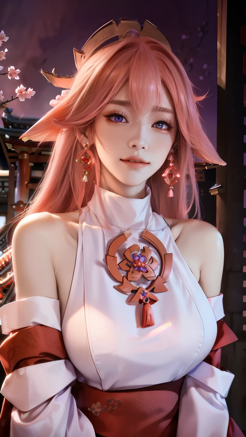 (masterpiece, Excellent, 1 girl, alone, intricate details, Color difference), realism, ((medium breathing)), Off-the-shoulder style, big breasts, Sexy, Yae Shrine Maiden, long pink hair, red headdress, red highlight, hair above one eye, purple eyes, earrings, sharp vision, Perfectly symmetrical figure, collar, neon shirt, open jacket, turtleneck sweater, leaning against wall, brick wall, Graffiti, dim lights, alley, looking at the audience, ((meaning is, Tempting, charming)), ((Sakura background ))),((Japanese temple background)))), (((luminous background)))