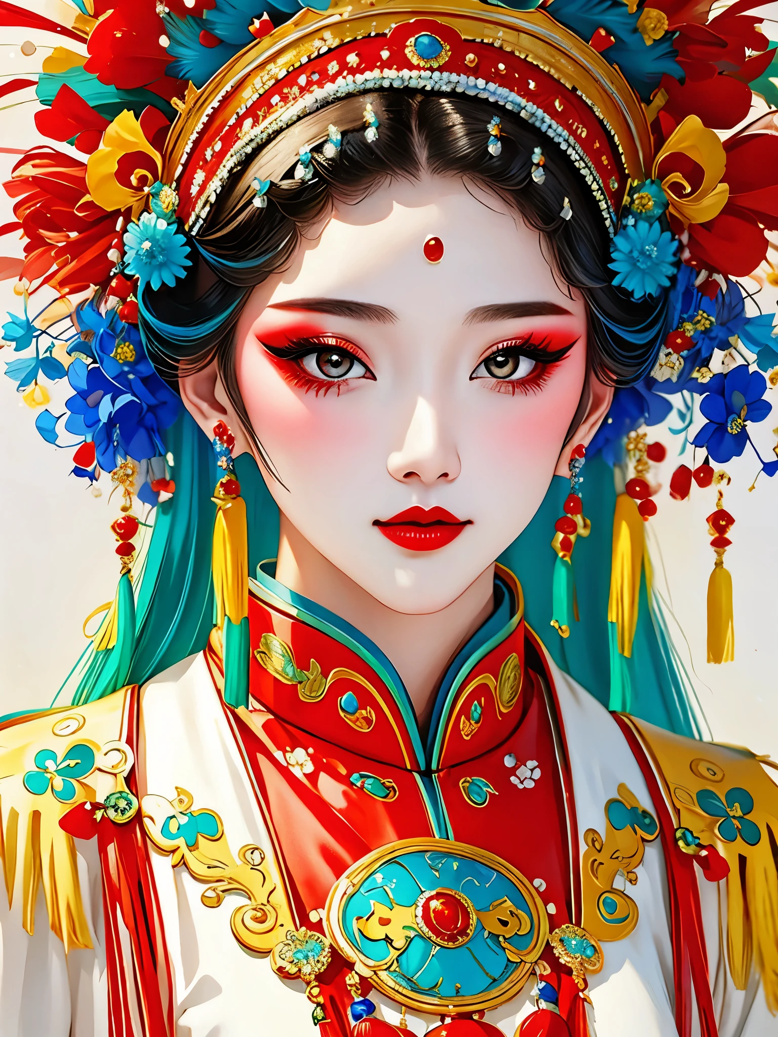 (masterpiece, best quality:1.2),1 girl,beautiful，portrait，Chinese Peking Opera，Gorgeous costumes，Exquisite headdress，flower headdress，tassel，pearl，clean background，blue，Red，green