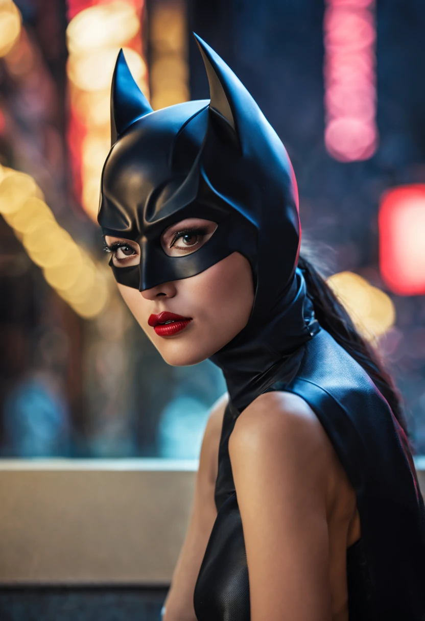 Batman confronting a thai ladyboy playing Catwoman,(beautiful detailed eyes,beautiful detailed lips,extremely detailed eyes and face,longeyelashes),sassy pose,cute outfit,redlight district at night,neon lights,pulsating atmosphere,moody and mysterious environment,(best quality,highres:1.2),ultra-detailed,(realistic:1.37),HDR,vivid colors,dark tones,portraits,concept artists