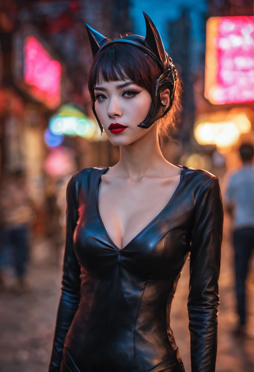 Batman confronting a thai ladyboy playing Catwoman,(beautiful detailed eyes,beautiful detailed lips,extremely detailed eyes and face,longeyelashes),sassy pose,cute outfit,redlight district at night,neon lights,pulsating atmosphere,moody and mysterious environment,(best quality,highres:1.2),ultra-detailed,(realistic:1.37),HDR,vivid colors,dark tones,portraits,concept artists