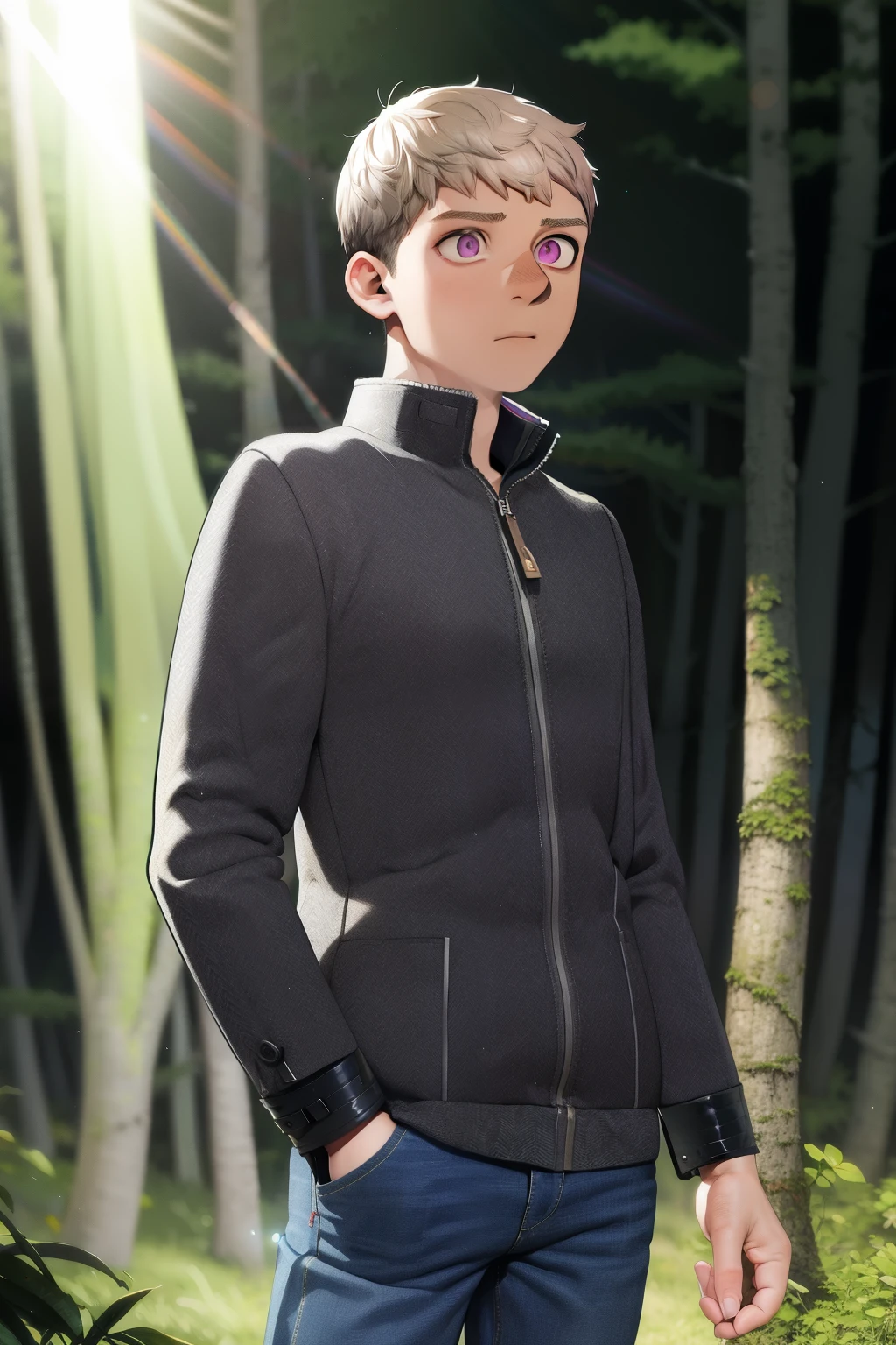 solo, 1boy, male, upset, dark grey hair, pink eyes, light purple jeans, side-swept fringe, lens flare, boreal forest, detailed background, surreal, 