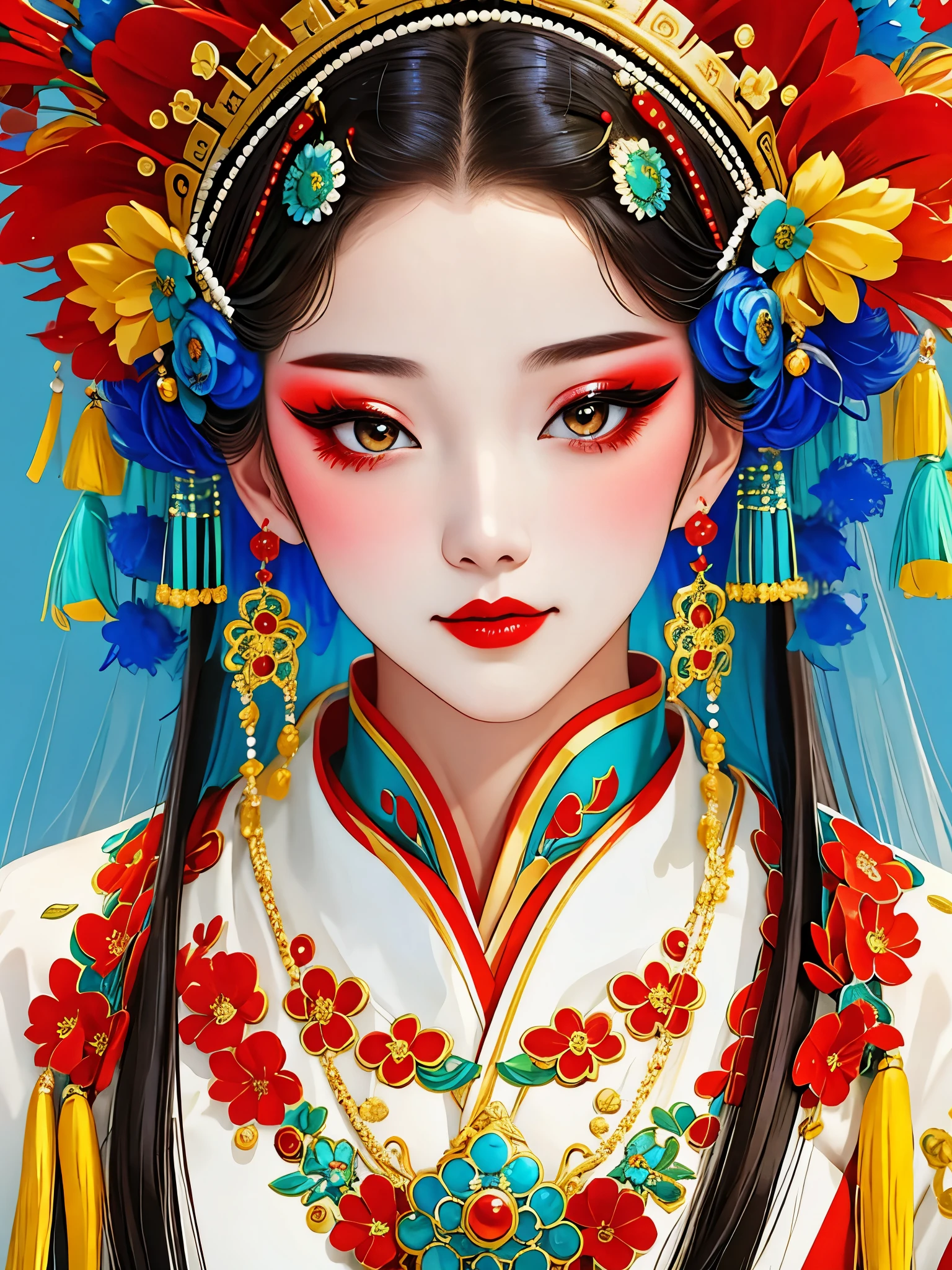 (masterpiece, best quality:1.2),1 girl,beautiful，portrait，Chinese Peking Opera，Gorgeous costumes，Exquisite headdress，flower headdress，tassel，pearl，clean background，blue，Red，green