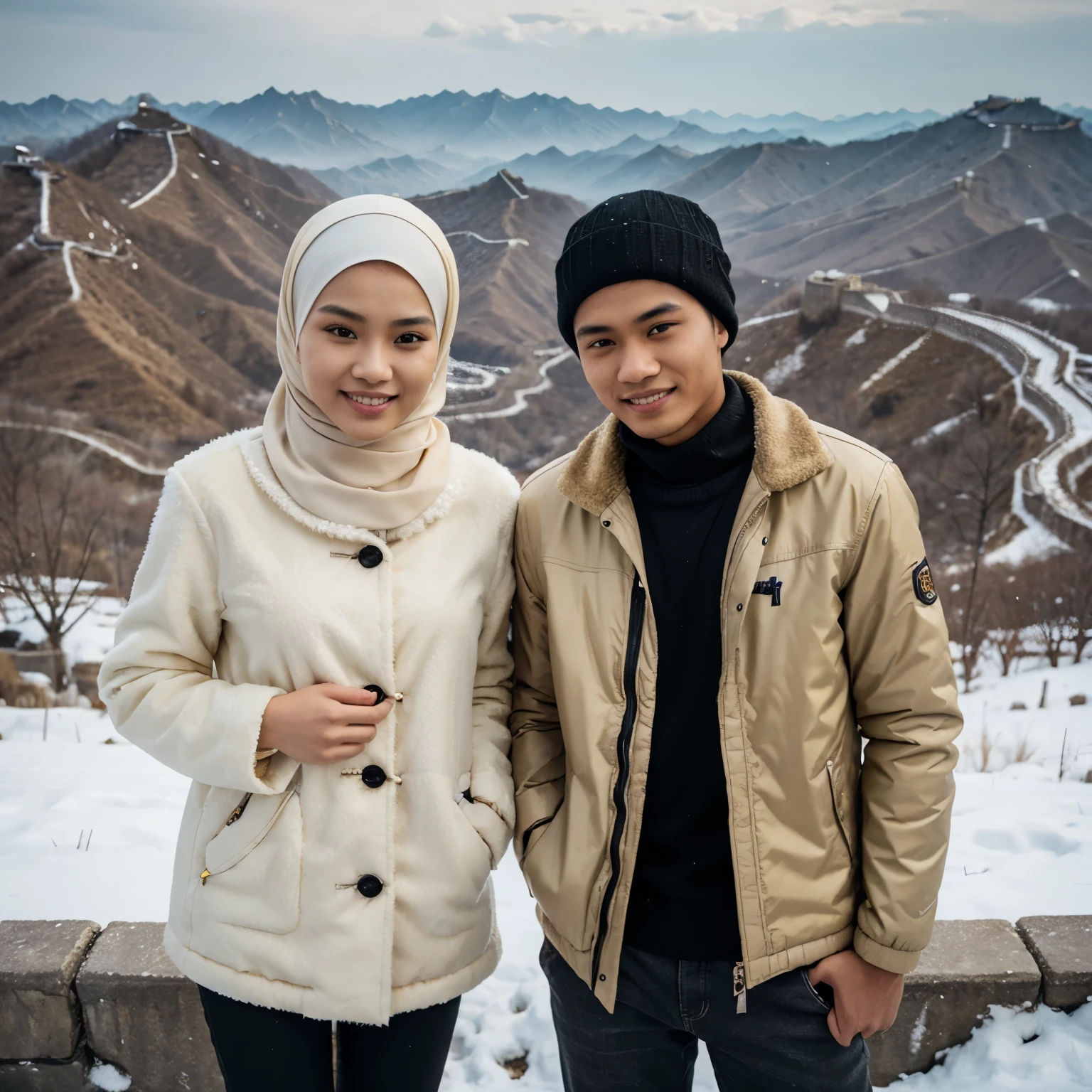 Medium shot of a 25 year old indonesian man, fit body, ideal body, oval face, white skin, nature skin, medium hair, wearing a winter jacket, side by side with a 25 year old indonesian woman with white hijab, gray winter jacket, they smile facing the camera, eye to camera, eye level angle with Cappadocia view in the background