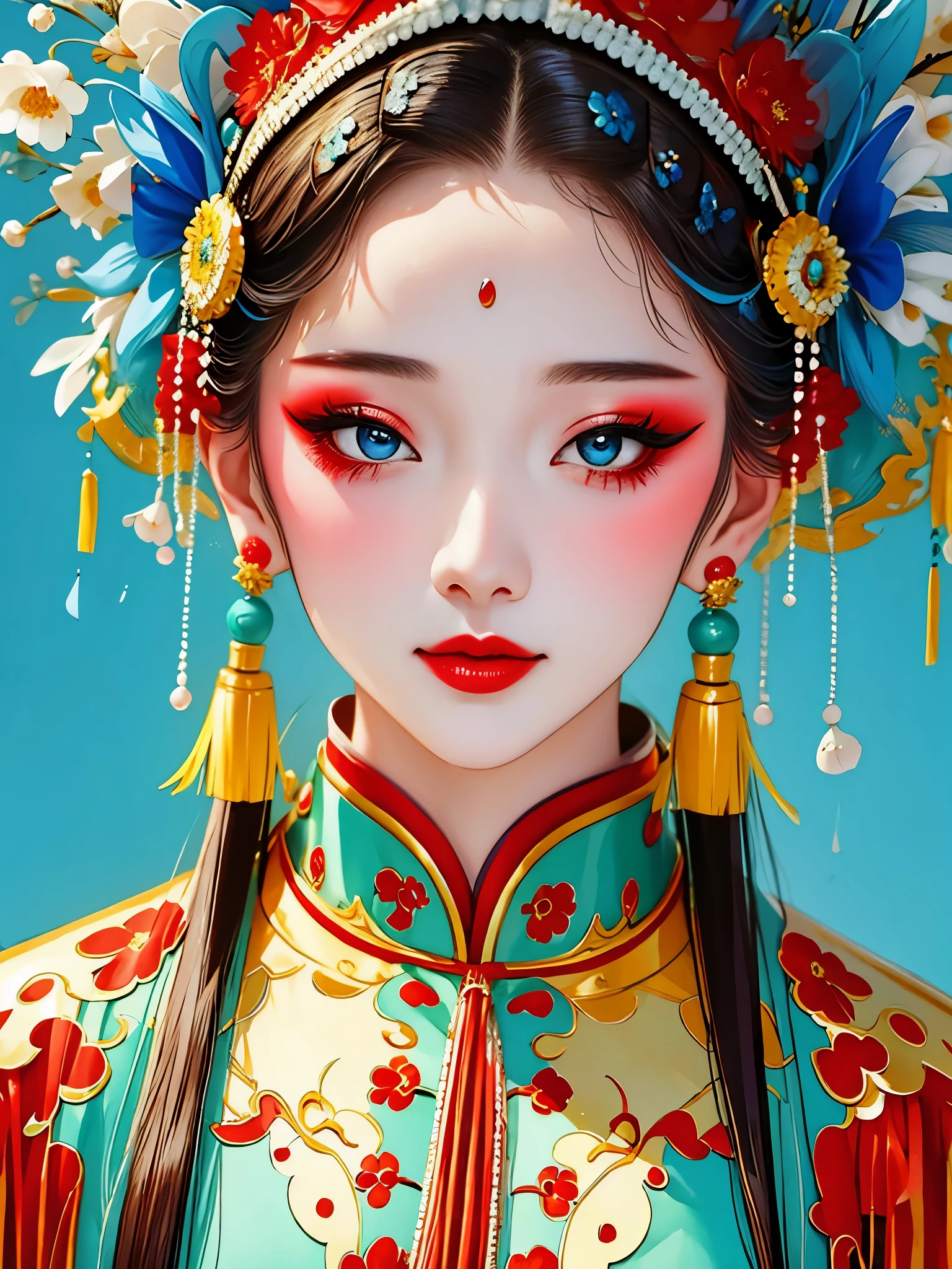 (masterpiece, best quality:1.2),1 girl,beautiful，portrait，Chinese Peking Opera，Gorgeous costumes，Exquisite headdress，flower headdress，tassel，pearl，clean background，blue，Red，green