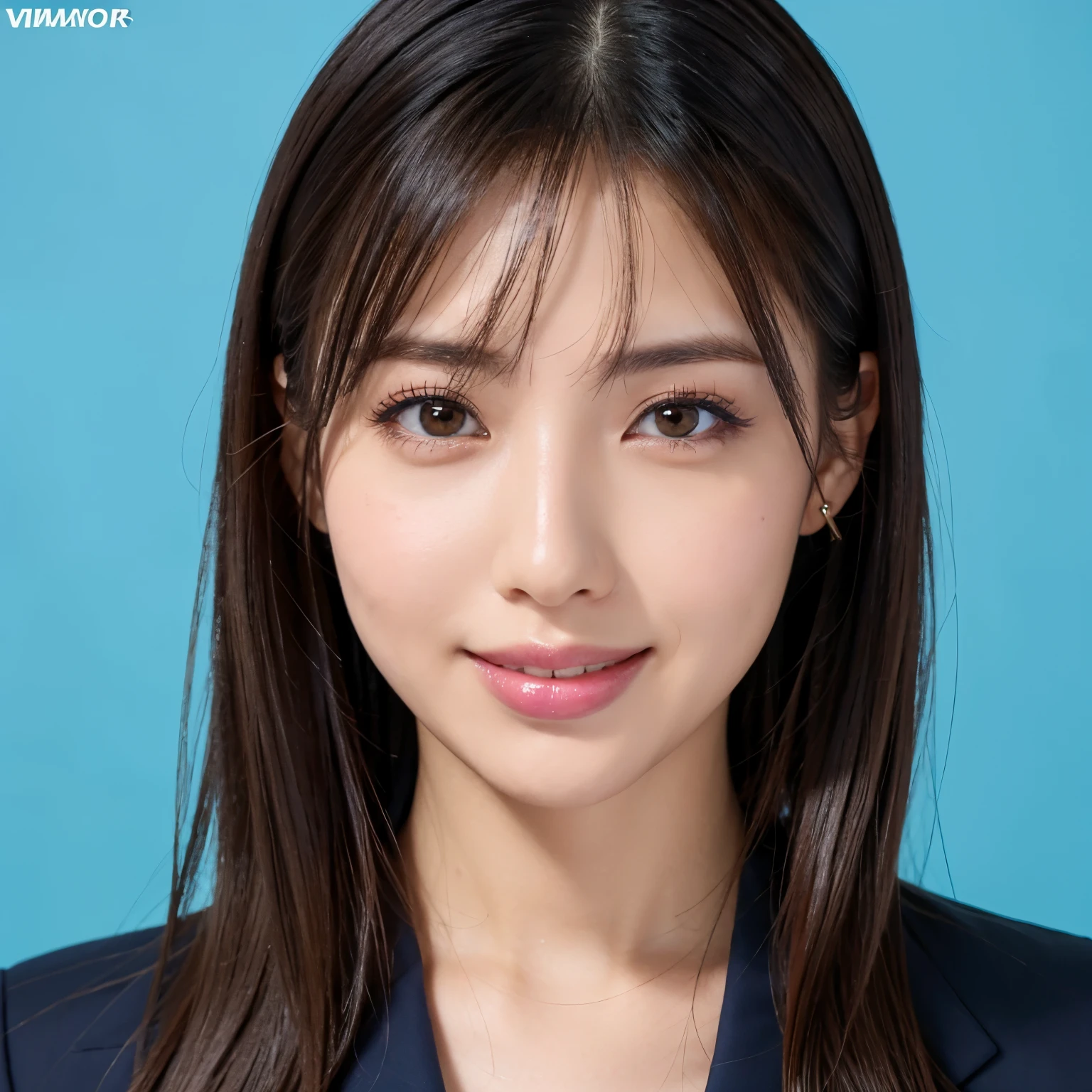 (highest quality、table top、8k、best image quality、Award-winning work)、1 beautiful woman、(straight medium hair:1.1)、(wearing a dark navy business suit:1.3)、(perfect and precise business suit:1.3)、(The most natural and accurate office suit:1.3)、smile looking at me、(Close-up of face 1.2)、(A woman perfectly positioned in the center of the screen:1.1)、(Composition fixed directly in front:1.3)、elegant makeup、Ultra high definition beauty face、ultra high definition hair、Super high-definition sparkling eyes、Super high resolution glossy lips、accurate anatomy、very beautiful skin、Super high-definition glowing beautiful skin、(solid blue background:1.2)、(The most elegant and perfect upright posture:1.2)、(most formal photos:1.1)