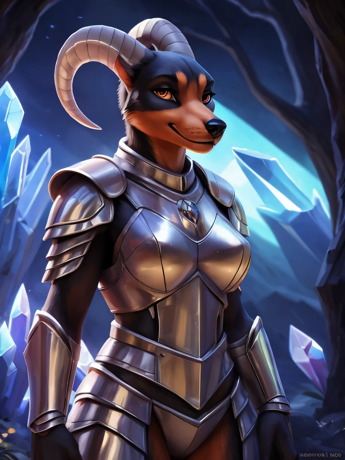 (by pixelsketcher:0.6), (by personalami :0.6), solo, female,Houndoom,canine,detailed background, (cinematic lighting:1.1), (perfect focus:1.1), 8k hd, photo, (detailed eyes:1.2),depth of field, bokeh, subsurface scattering, perfect breasts, wide ,(armor, crystal armor, full armor), bright colors, (furry detail),detailed background, green field, green landscape,realistic, photorealistic, ultra realistic,realistic, photorealistic,smile,(fur),(realistic furry:1.1),(tail), (extreme furry detail:1.2),orange eyes,solo,