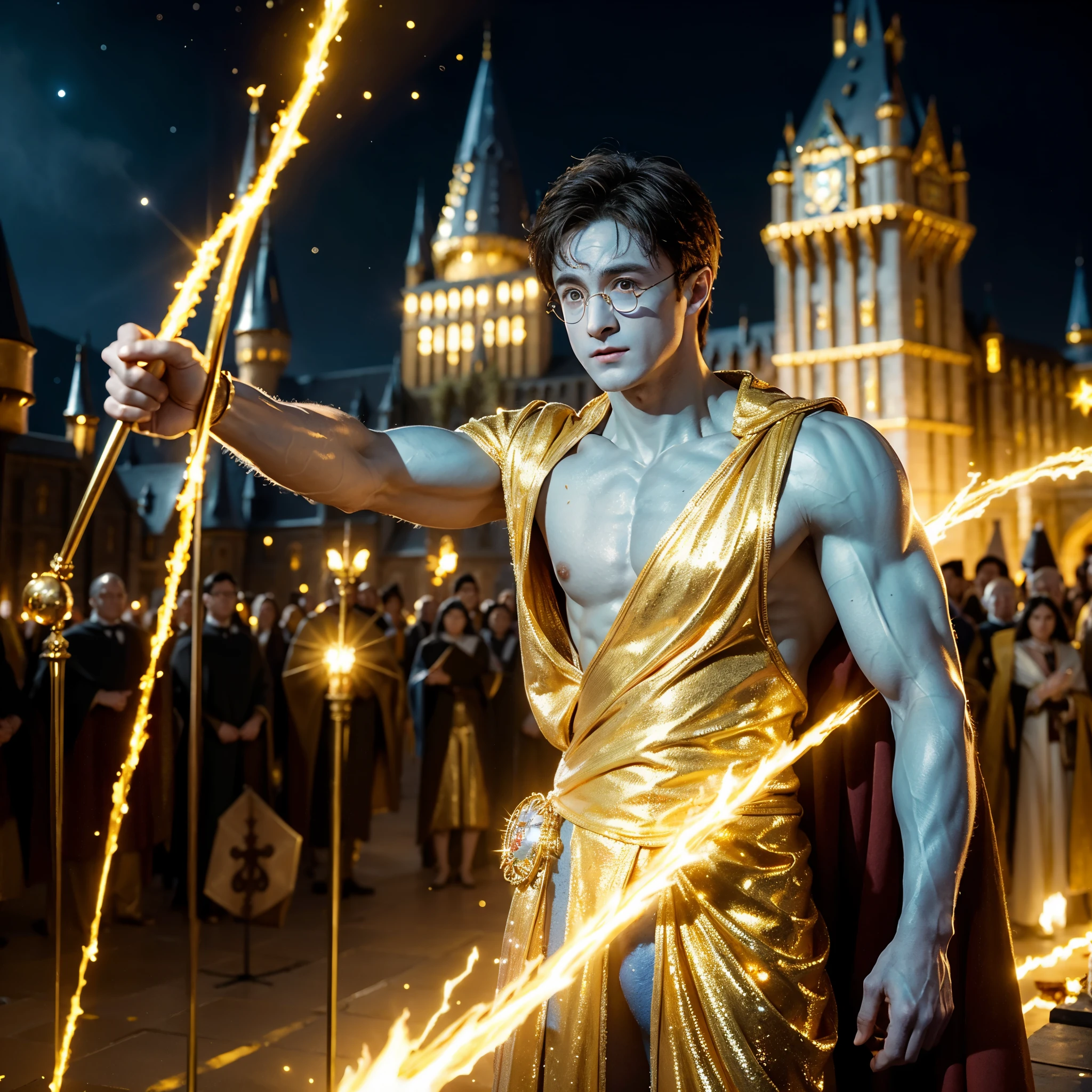 blue skin Harry Potter, muscular body, bare upper body, golden ornaments, flashy costume, Hogwarts in the background, golden king, golden emperor Harry Potter, painted in the center, crowd in the background, golden effect, golden magic, high quality,Harry Potter with golden skin, muscular body, bare upper bodyHarry Potter with golden skin, nothing on, naked, nothing on upper body, golden ornaments, flashy costume, Hogwarts in background, golden king, golden emperor Harry Potter, painted in the center, crowd in background, golden effect, golden magic, high quality, high definition、Harry Potter, the king who unifies the universe, robot in the background,