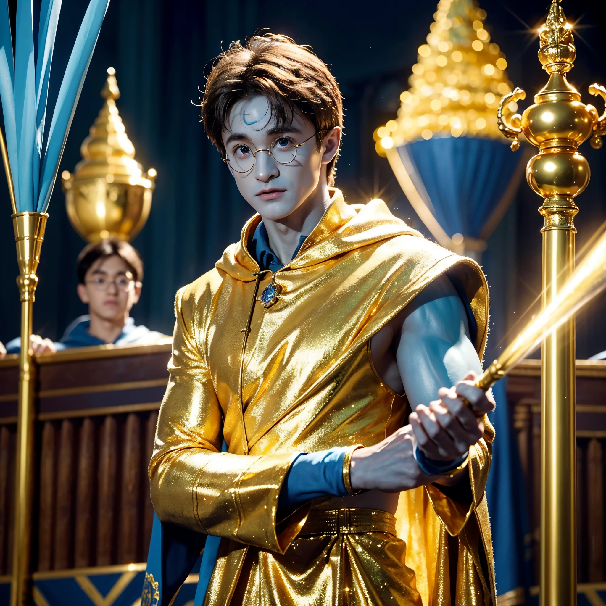 blue skin Harry Potter, muscular body, bare upper body, golden ornaments, flashy costume, Hogwarts in the background, golden king, golden emperor Harry Potter, painted in the center, crowd in the background, golden effect, golden magic, high quality,Harry Potter with golden skin, muscular body, bare upper bodyHarry Potter with golden skin, nothing on, naked, nothing on upper body, golden ornaments, flashy costume, Hogwarts in background, golden king, golden emperor Harry Potter, painted in the center, crowd in background, golden effect, golden magic, high quality, high definition、Harry Potter, the king who unifies the universe, robot in the background,