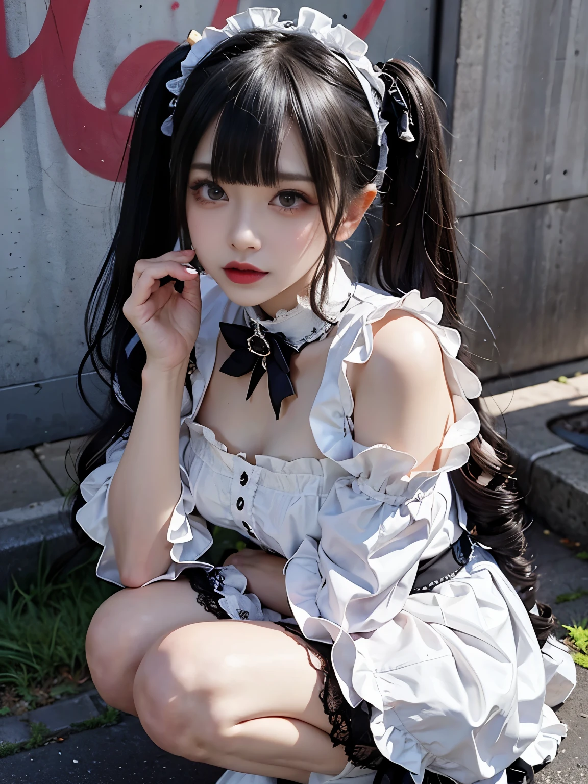 raw photo, 8k, (top-quality), Realistic, (real picture, Intricate details), (natural skin texture, detailed skin, hyper realism, sharpness), (Japanese teenage girl squatting in a dirty back alley at night, graffitied wall:1.3), ((maid costume with black and white, lolita fashion, gothic fashion), (slender body, pale skin:1.2), ((twintail hairstyle, blunt bangs)), (provocative look, Parted lips:1.3, eye shadow, eyeliner, tear bag:1.3, red lips), night time, spot lighting:1.3