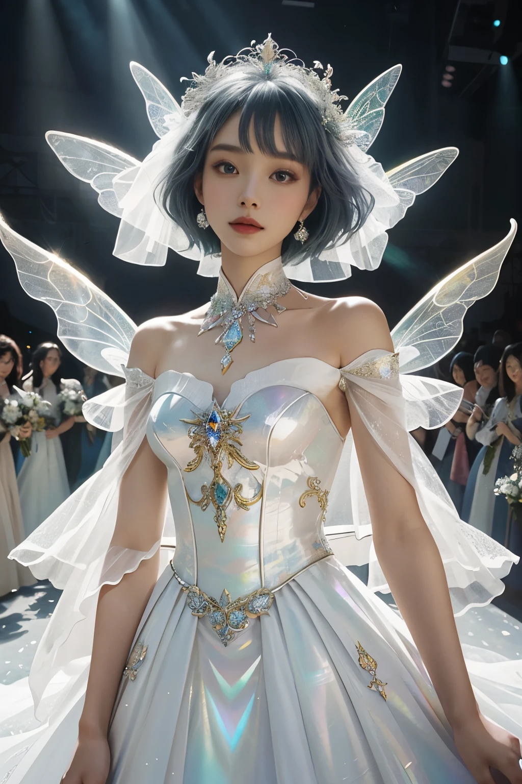 Women are depicted in an enchanting smart fashion photo, donning a Fairy Swirl White Wedding Dress with golden Phoenix accents. Inspired by top runway models, the photographer expertly wields composition to captivate the audience's attention. This masterpiece is also influenced by the artistic style of Yaniun Cheng, showcasing inspiring texture usage. The Mother-of-pearl iridescent color uniformly glows, and a unique repeating pattern adorns the dress, making it pop against the holographic white background. The realism of the photo exudes a magical, surreal atmosphere, bringing the Fairy Swirl White Wedding Dress to life.