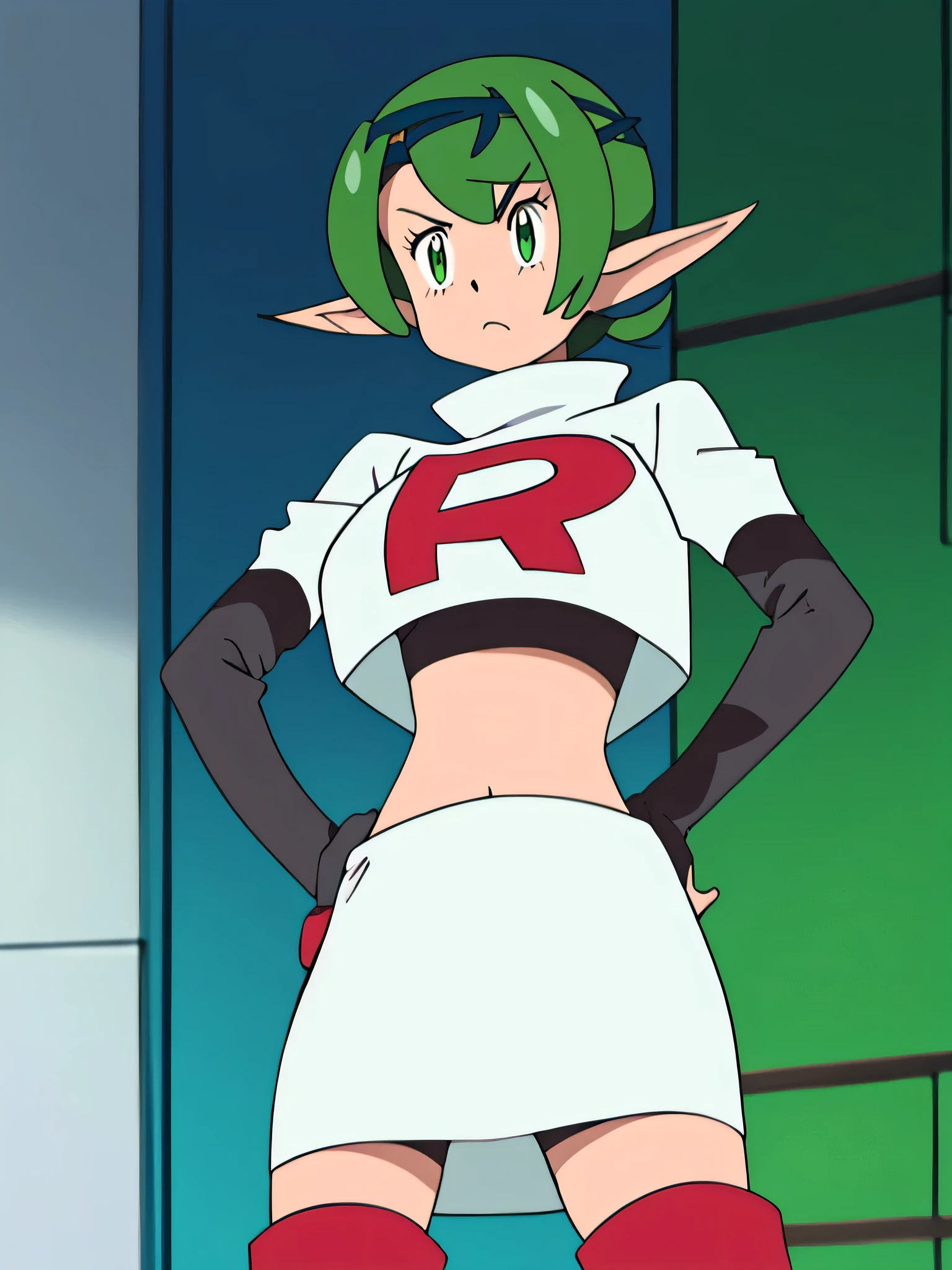 8k, 1girl in, (solo:1.1), (perfect body:1.1), (best quality:1.1), very large breast, team rocket uniform, red letter r, white skirt,white crop top,black thigh-high boots, black elbow gloves, glaring angrily, looking down at viewer, hands on hips,zettai ryouiki,cowboy shot, Tiki,long ears,green hair