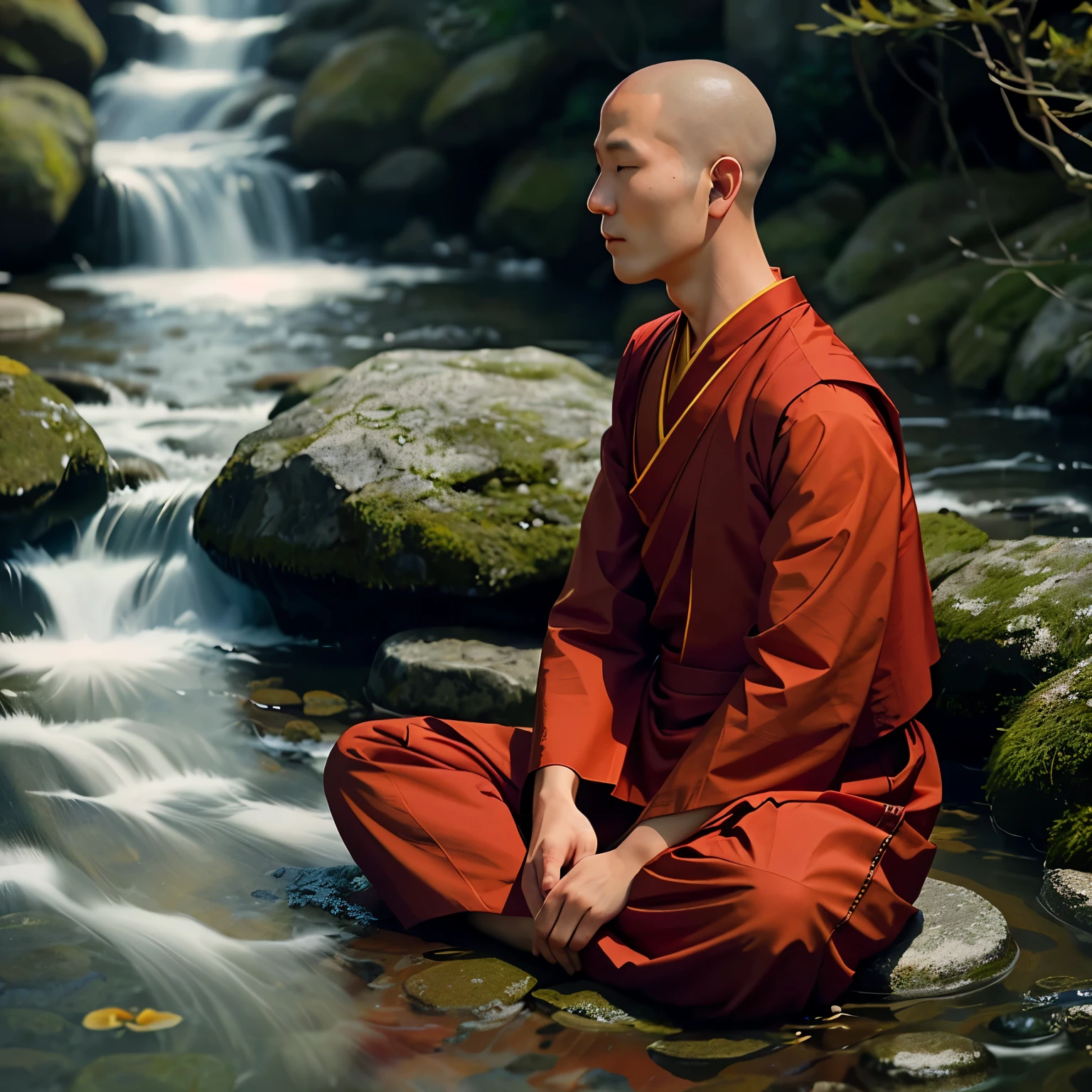 A Buddhist monk meditating flower By the stream, his coral-colored threads are coming out The facial expression is peaceful, cinematic lighting hyper realistic super details skin texture is very detail