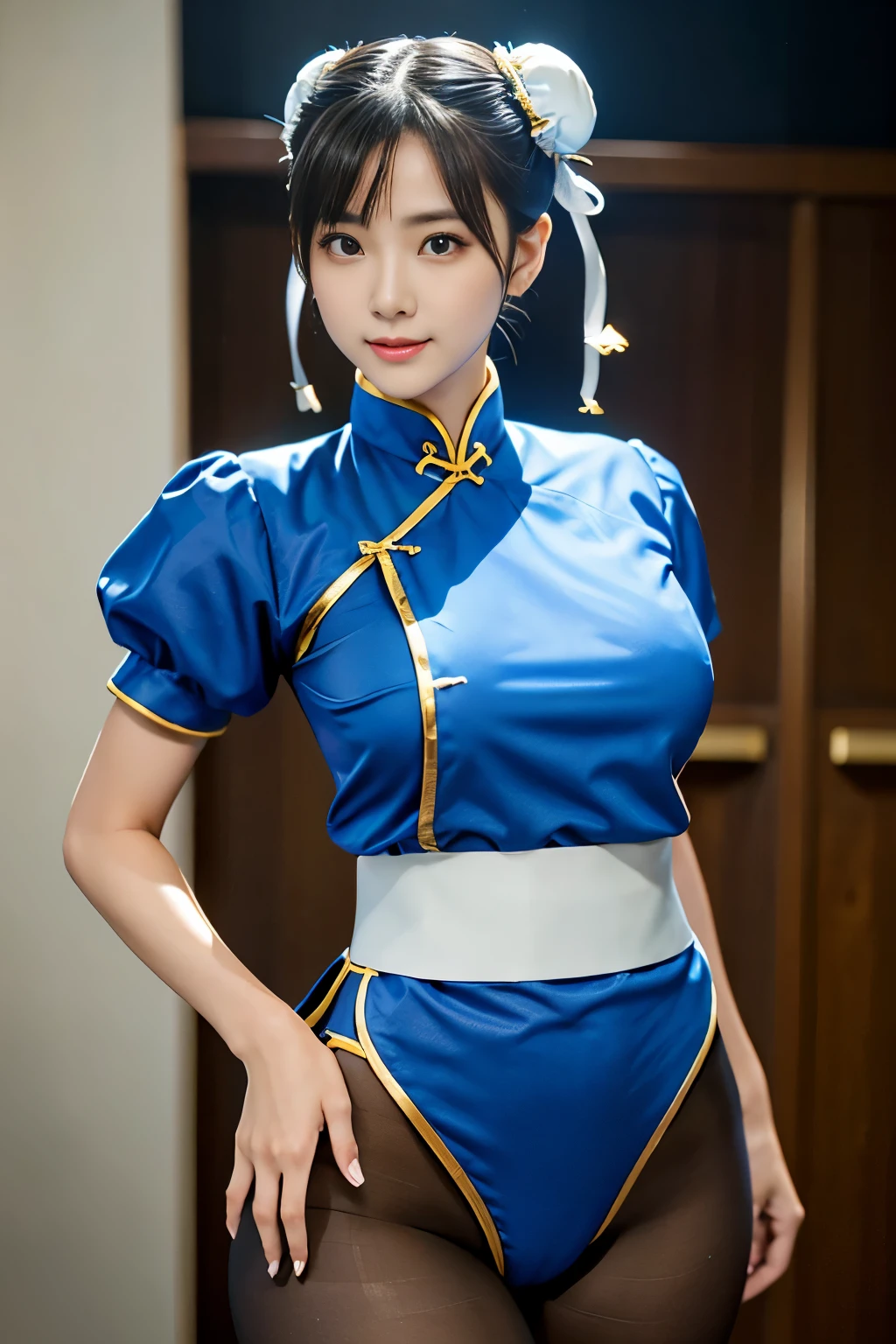 Chun-Li from Street Fight II,perfect chun li costume,Blue cheongsam with gold lines,Bun head,bun cover,fighting pose,masterpiece、1 beautiful girl、fine eyes、puffy eyes、highest quality, 超High resolution, (reality: 1.4), movie lighting、Japanese、asian beauty、Korean、super beautiful、beautiful skin、body facing forward、close up of face、(超reality的な)、(High resolution)、(8k)、(very detailed)、(美しくfine eyes)、(Super detailed)、 (wall-)、detailed face、bright lighting、professional lighting、looking at the viewer、look straight ahead、slanted bangs、Nogizaka Idol、korean idol、masterpiece, highest quality, masterpiece, highest quality, perfect face, perfect brown eyes with white sclera, bad move-5, alone, 1 girl, Upper body, brown hair, From SF2, Chinese service, smile, muscular woman, blue clothes, pantyhose, pelvic curtain, Puffy short sleeves, Good cover, sash, evaluation:safety