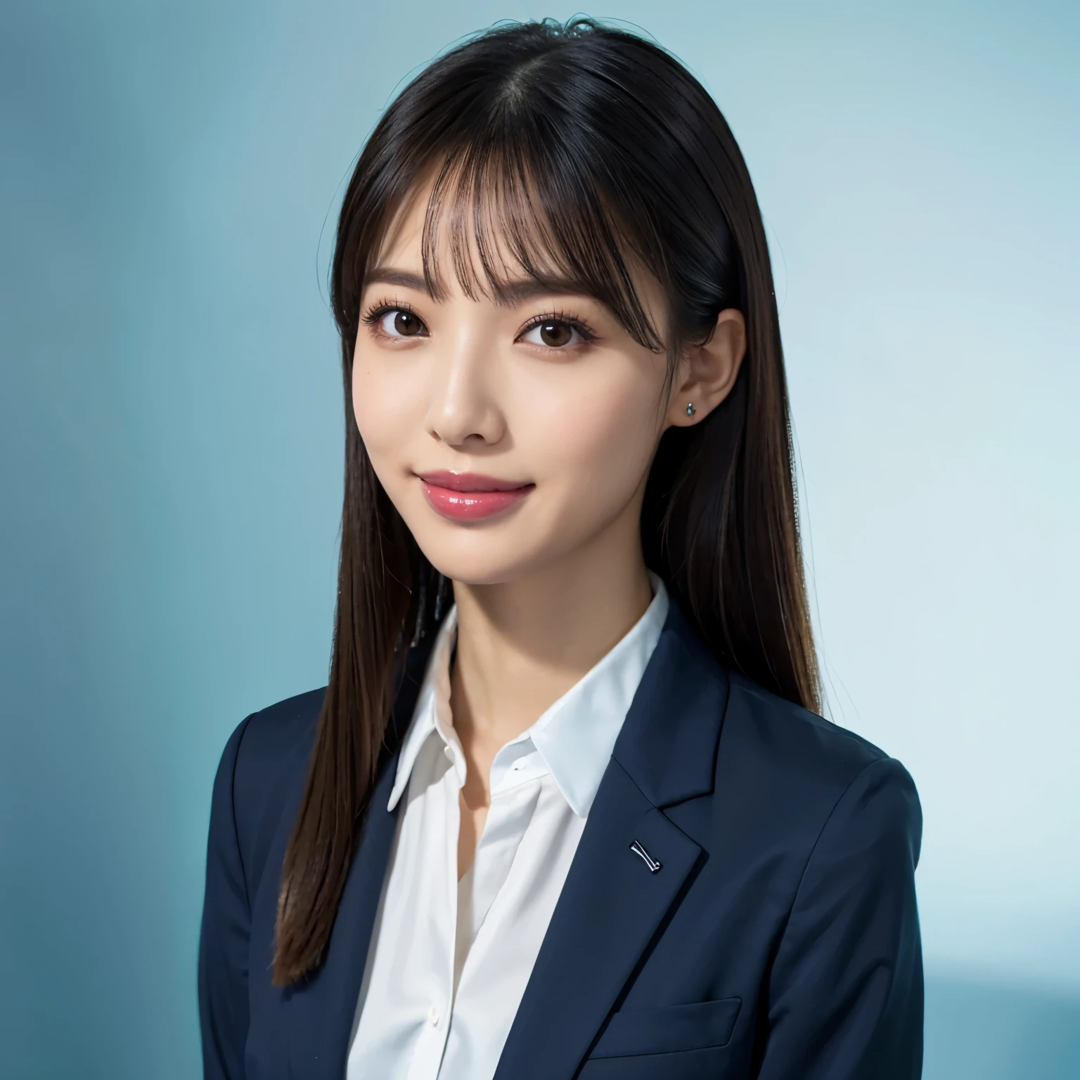 (highest quality、table top、8k、best image quality、Award-winning work)、1 beautiful woman、(straight medium hair:1.1)、(wearing a dark navy office suit:1.3)、(perfect and accurate office suit:1.3)、(wearing a suit over a polyester shirt:1.1)、smile looking at me、big breasts、emphasize body line、(Close-up of face 1.2)、(A woman perfectly positioned in the center of the screen:1.1)、(Stand upright and face straight ahead.:1.3)、elegant makeup、Ultra high definition beauty face、ultra high definition hair、Super high-definition sparkling eyes、Super high resolution glossy lips、accurate anatomy、very beautiful skin、Super high-definition glowing beautiful skin、(solid blue background:1.2)、(The most elegant and perfect upright posture:1.2)、(most formal identification photo:1.3)