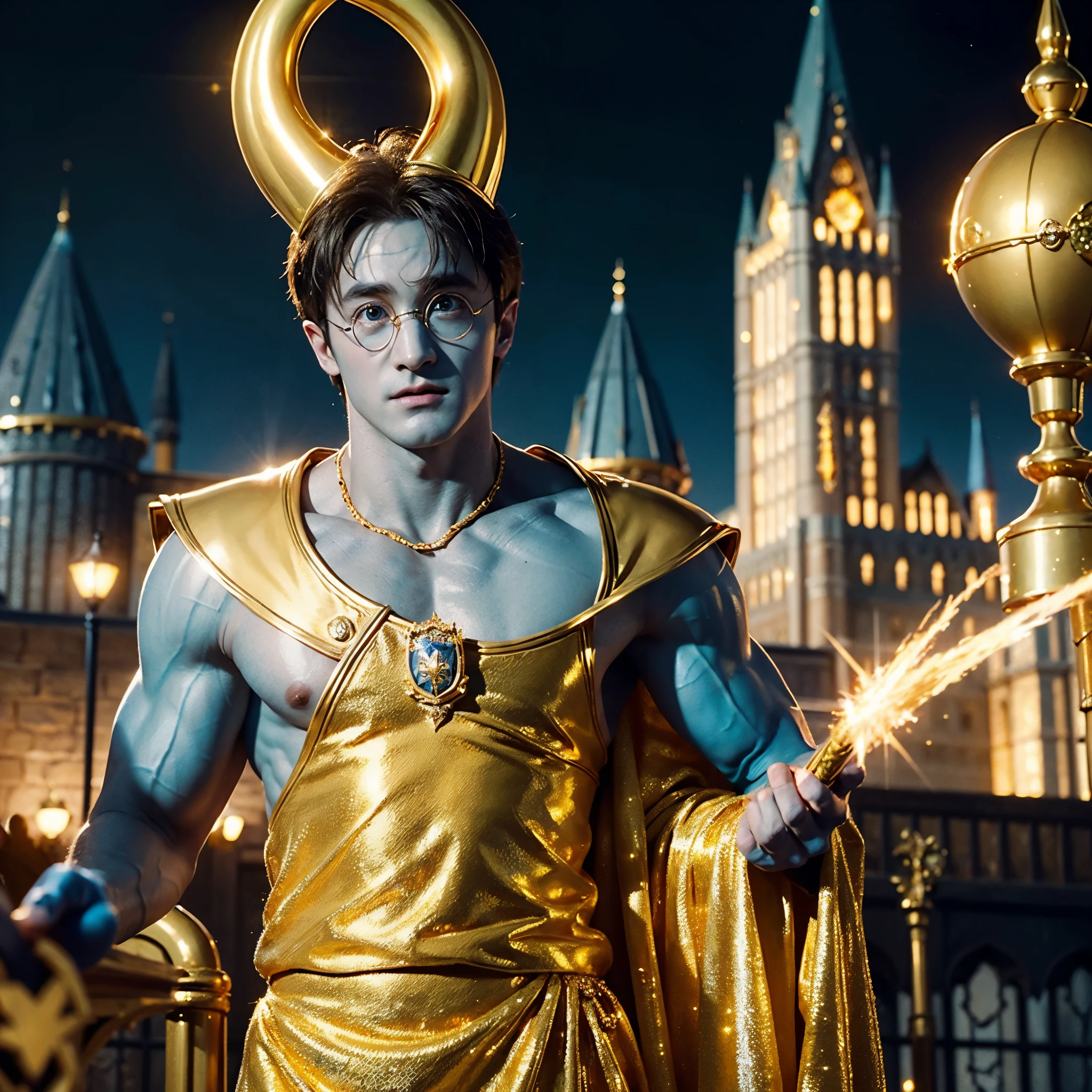 blue skin Harry Potter, muscular body, bare upper body, golden ornaments, flashy costume, Hogwarts in the background, golden king, golden emperor Harry Potter, painted in the center, crowd in the background, golden effect, golden magic, high quality,Harry Potter with golden skin, muscular body, bare upper bodyHarry Potter with golden skin, nothing on, naked, nothing on upper body, golden ornaments, flashy costume, Hogwarts in background, golden king, golden emperor Harry Potter, painted in the center, crowd in background, golden effect, golden magic, high quality, high definition、Harry Potter, the king who unifies the universe, robot in the background,