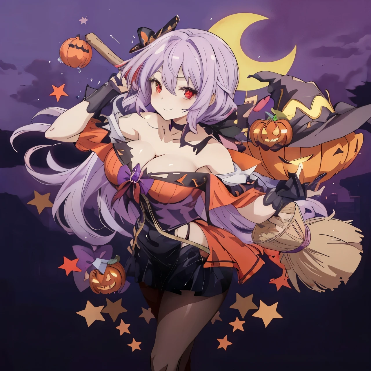 a woman in a witch costume holding a broom and a hat, splash art anime girl, flirty anime witch casting magic, trick or treat, witch girl, ((very curvy)) , anime visual of a cute girl, ((massive breasts)), ((red eyes)), (lavender hair), (more cleavage)