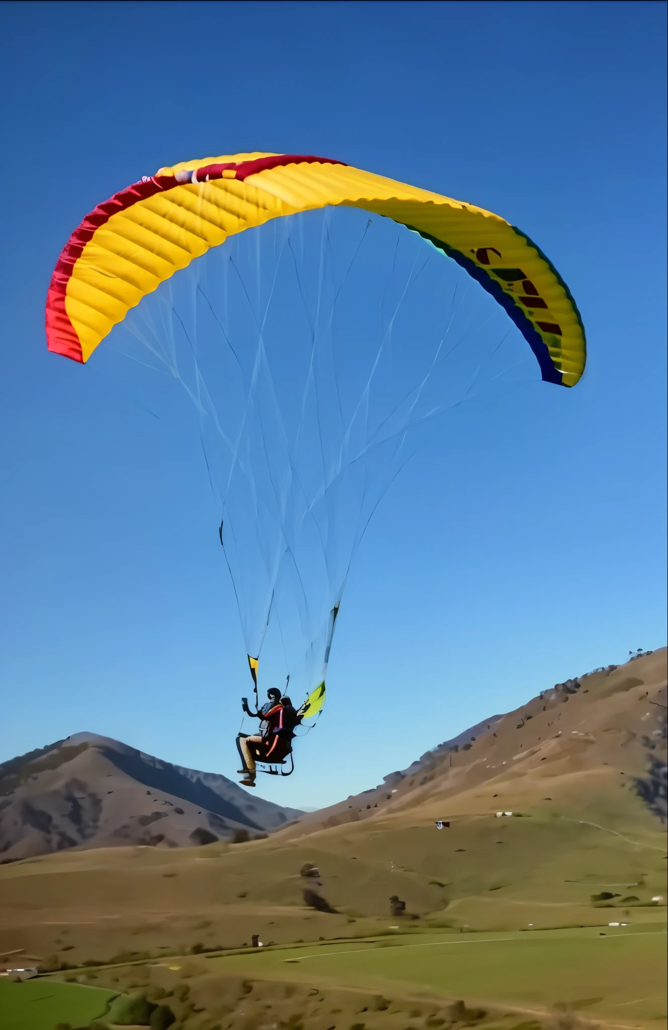 paraglider with engine and propeller with spiked rim protection in the air with yellow and red and blue parachute, puxando o movimento&#39;derp banshee&#39;, 4 0 9 6, flying towards the camera, brilhante, screenshot of youtube video, planar, aerial view, tiro voador, voando no ar, instagram post, riding in the sky, 2024, 2 Poster . Photography. , realistic and professional menu with chocolate tones colored , highest quality, ultra detail, illustration, beautiful detail, depth of field, dynamic angle, 8K wallpaper, realistic:1,(, best quality of light and shadow, 4k, 8K, CG, Fine details, blurred background, (extremely detailed wallpaper of the CG 8k unit), Lighting, poster of high-level. real:1.4 . Realistic:1.5