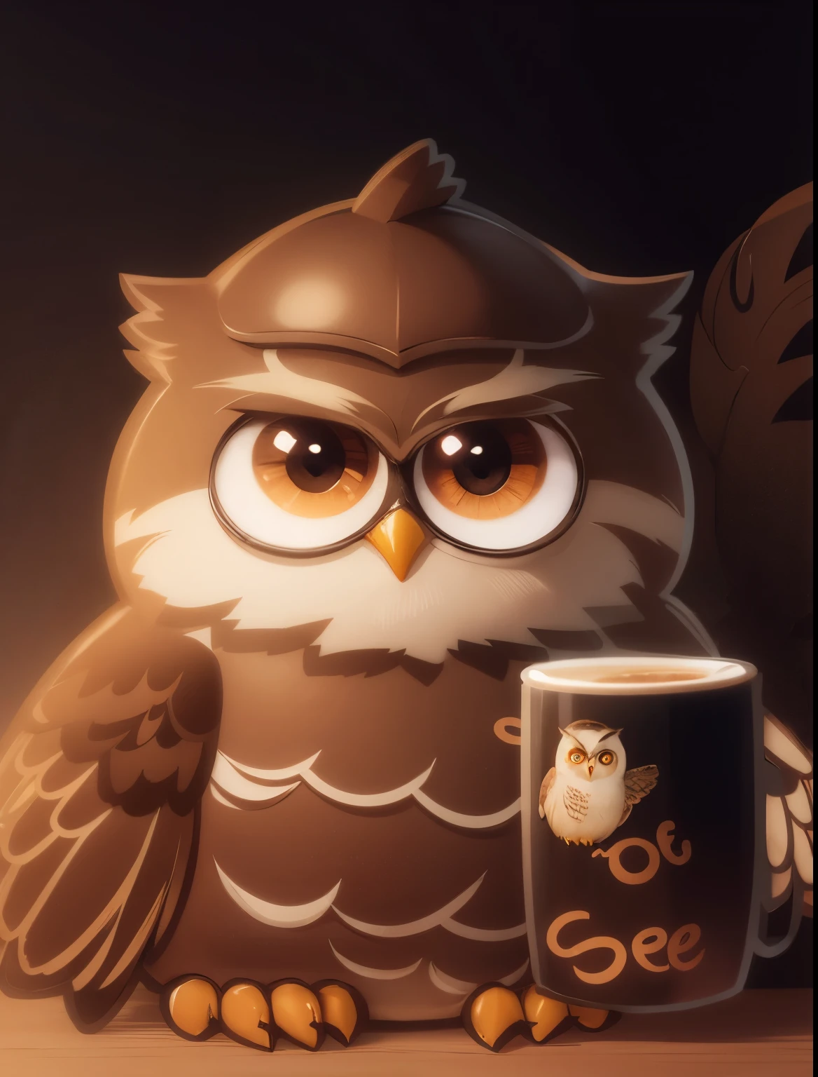 owl, holding a cup of coffee, brown owl, cute eyes