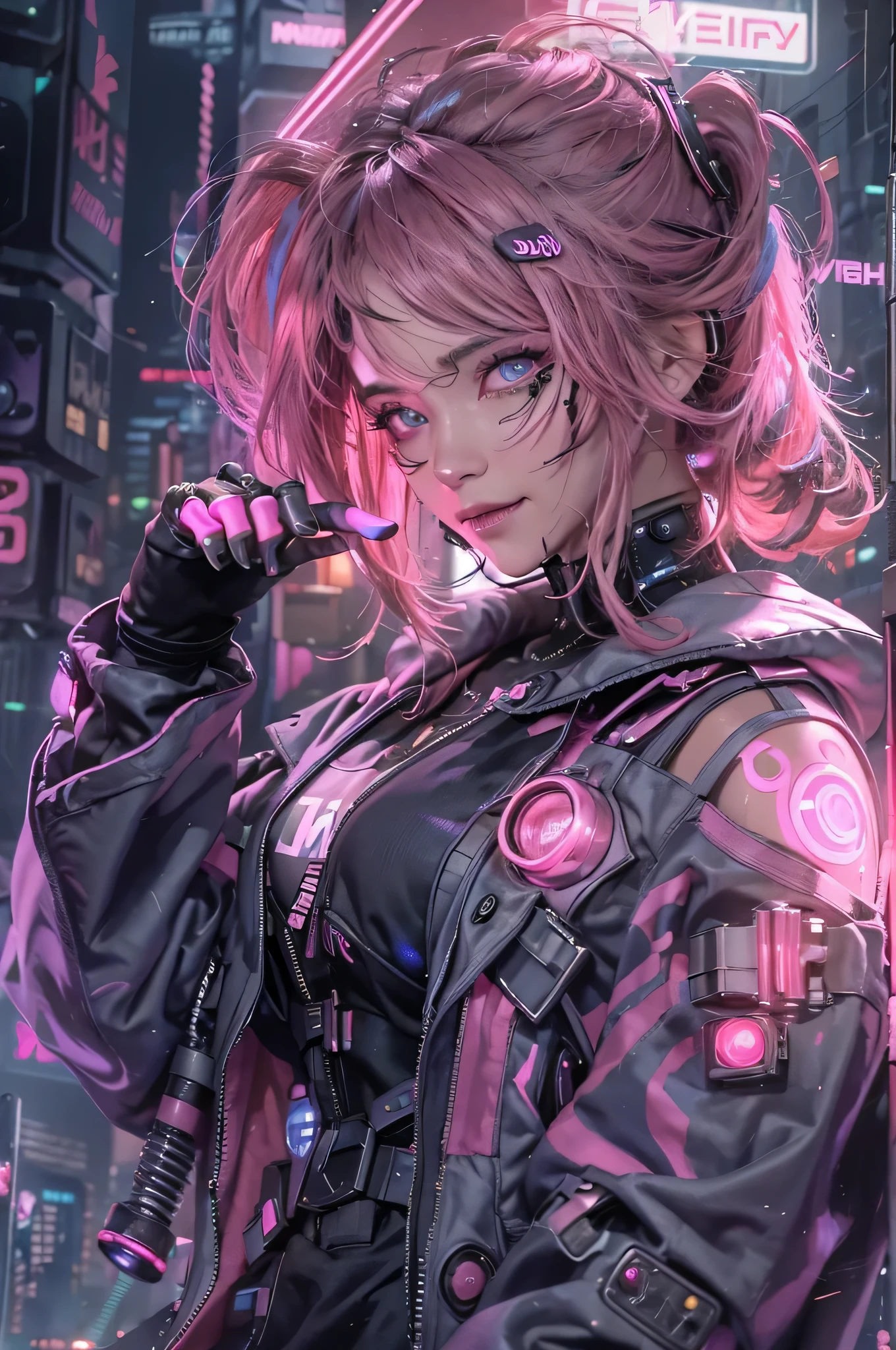 1woman people、(A handsome man:1.4)、(A pretty smile:1.2)、(25 age old)、(brunette color hair)、(Top image quality)、(8K picture quality)、(cyber punk perssonage)、(masutepiece)、(Wear a military uniform with a shiny cyberpunk hood)、(A confident smile:1.2)、(Full body photo)、cinematric light, Cinema Shadow, Sharp images, Extremely detailed, volumetr, bright sprite, Particle effect, beautiful effects, Vivid colors, neonlight, (pink neon lights:1.5), Highly detailed image textures, detailed hairs, Detailed face, Detailed eyes, Full body photo, bar、fighter、Dark pink hair、multiple views、Flashing red light、Photo from the knee up、beautiful effects, Vivid colors, Highly detailed image textures, detailed hairs, Detailed eyes,(cyberpunk city landscape:1.5)、