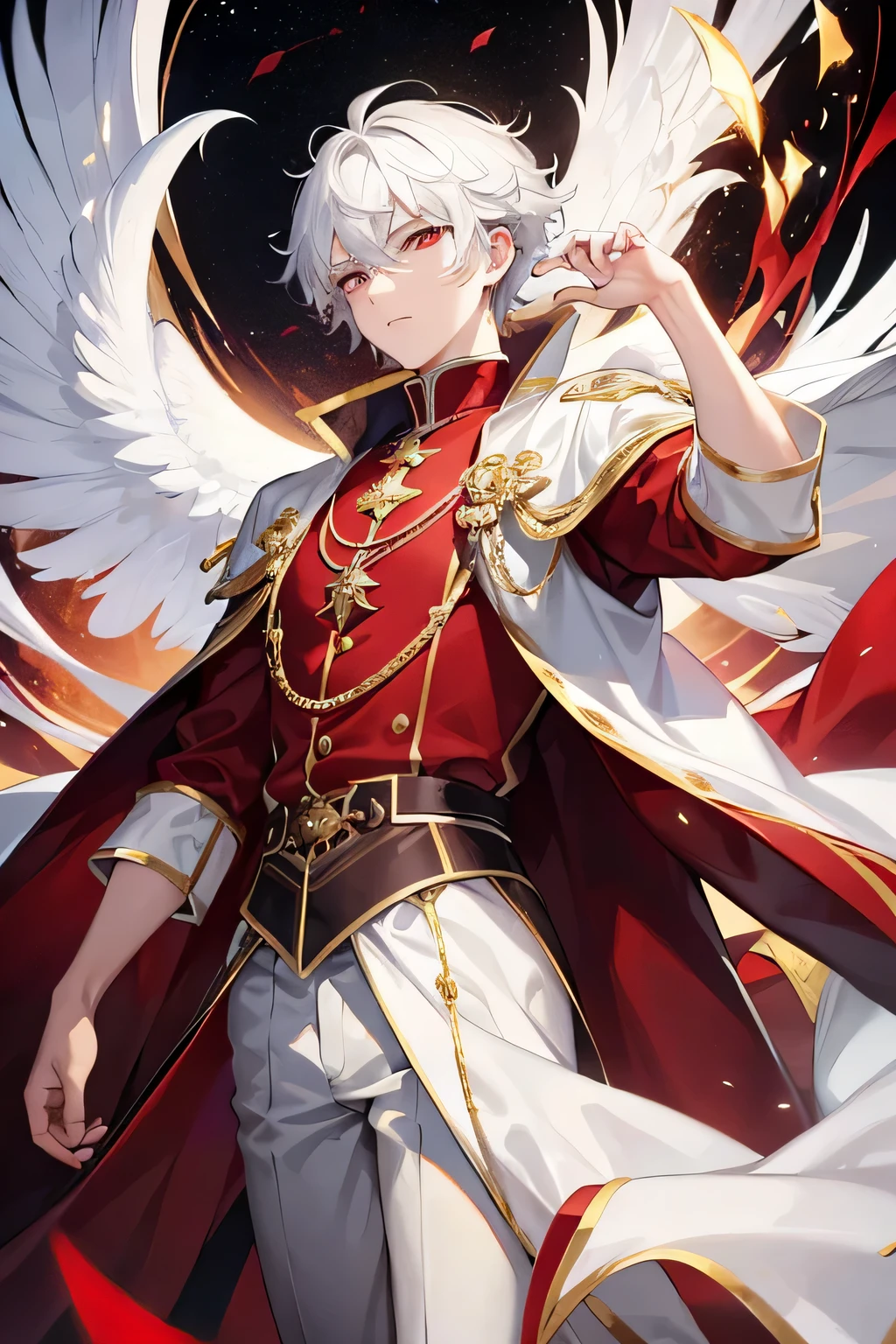 masterpiece, 8k, high-quality, 1boy, man, solo, white hair, red clothes, red eyes, heaven, king, emperor, luxurious clothes, heaven, night, radiance, flashy, eldritch