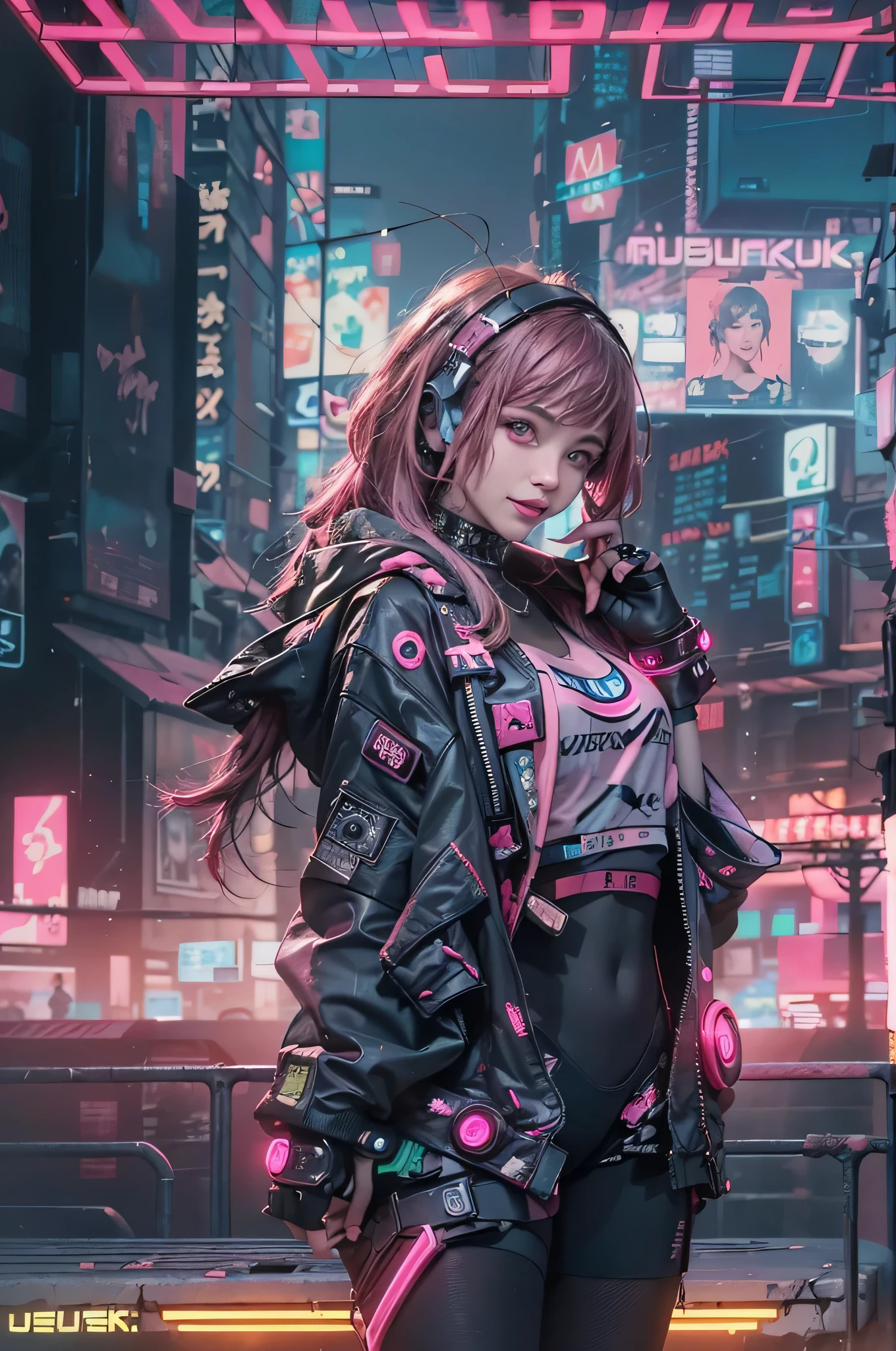 1woman people、(A handsome man:1.4)、(A pretty smile:1.2)、(25 age old)、(brunette color hair)、(Top image quality)、(8K picture quality)、(cyber punk perssonage)、(masutepiece)、(Wear a military uniform with a shiny cyberpunk hood)、(A confident smile:1.2)、(Full body photo)、cinematric light, Cinema Shadow, Sharp images, Extremely detailed, volumetr, bright sprite, Particle effect, beautiful effects, Vivid colors, neonlight, (pink neon lights:1.5), Highly detailed image textures, detailed hairs, Detailed face, Detailed eyes, Full body photo, bar、fighter、Dark pink hair、multiple views、Flashing red light、Photo from the knee up、beautiful effects, Vivid colors, Highly detailed image textures, detailed hairs, Detailed eyes,(cyberpunk city landscape:1.5)、