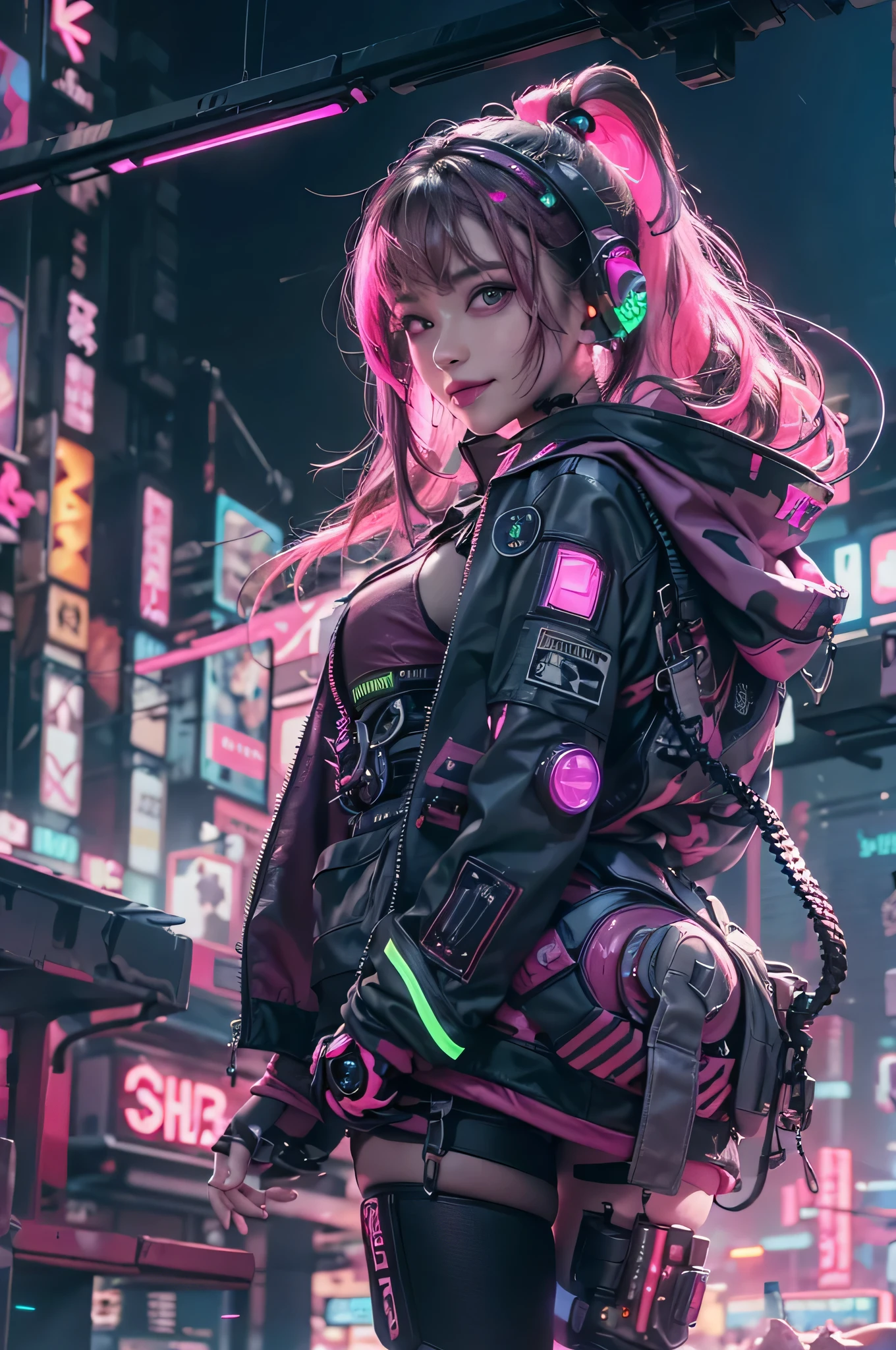 1woman people、(A handsome man:1.4)、(A pretty smile:1.2)、(25 age old)、(brunette color hair)、(Top image quality)、(8K picture quality)、(cyber punk perssonage)、(masutepiece)、(Wear a military uniform with a shiny cyberpunk hood)、(A confident smile:1.2)、(Full body photo)、cinematric light, Cinema Shadow, Sharp images, Extremely detailed, volumetr, bright sprite, Particle effect, beautiful effects, Vivid colors, neonlight, (pink neon lights:1.5), Highly detailed image textures, detailed hairs, Detailed face, Detailed eyes, Full body photo, bar、fighter、Dark pink hair、multiple views、Flashing red light、Photo from the knee up、beautiful effects, Vivid colors, Highly detailed image textures, detailed hairs, Detailed eyes,(cyberpunk city landscape:1.5)、