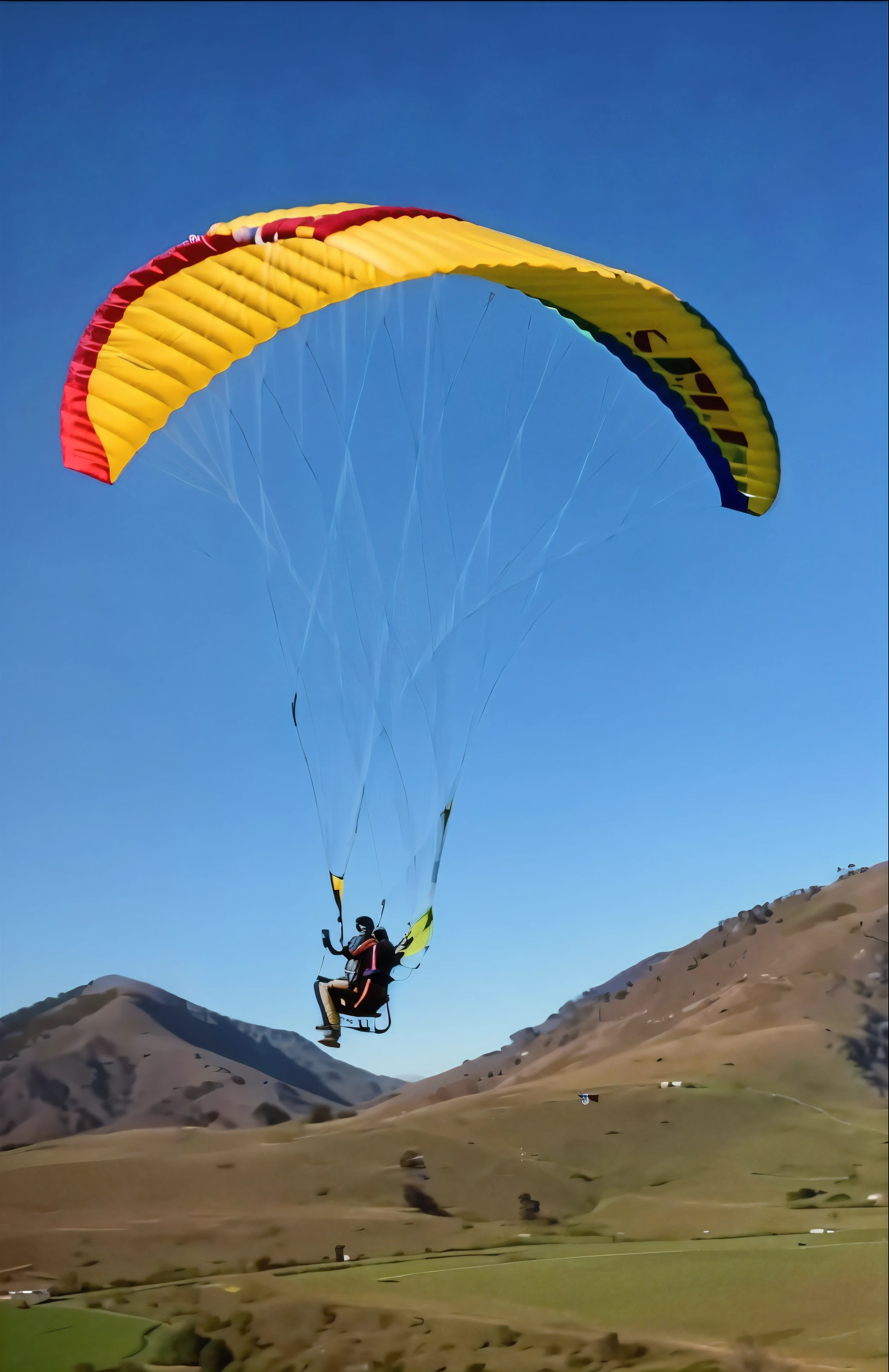 paraglider with engine and propeller with rim protection stuck in the air with yellow and red and blue parachute, puxando o movimento'Derp Banshee', 4 0 9 6, flying towards the camera, brilhante, screenshot of youtube video, planar, aerial view, tiro voador, voando no ar, instagram post, riding in the sky, 2024, 2 Poster . fotografia. , Realista and professional menu with chocolate tones colored , mais alta qualidade, ultra detalhe, illustration, belo detalhe, profundidade de campo, dynamic angle, Papel de parede 8k, Realista:1,(, melhor qualidade de luz e sombra, 4k, 8K, CG, detalhes finos, fundo desfocado, (papel de parede extremamente detalhado da unidade CG 8k), Lighting, high level poster. real:1.4 . Realista:1.5