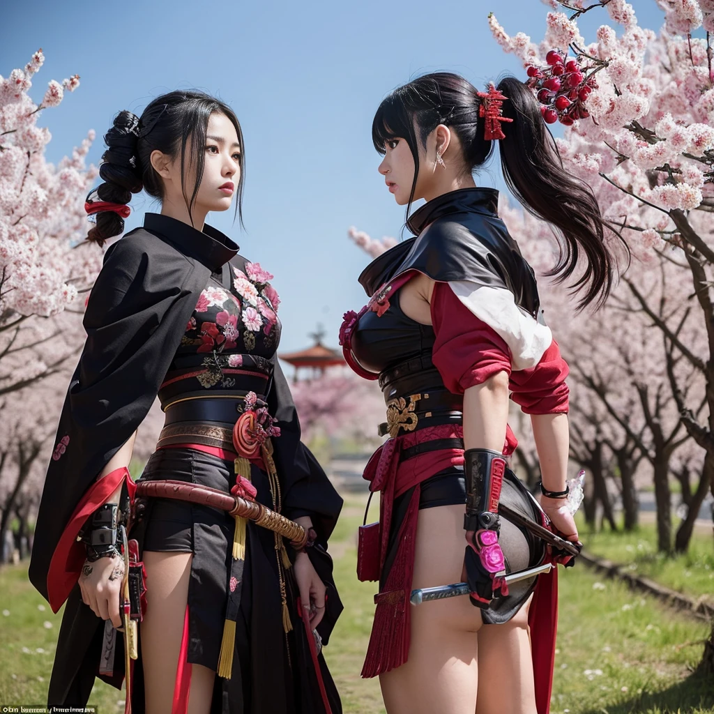 2 hot lady samurai dressed in cyberpunk costumes, duel each other with deadly weapons, they are in a blooming cherry orchard in mid day