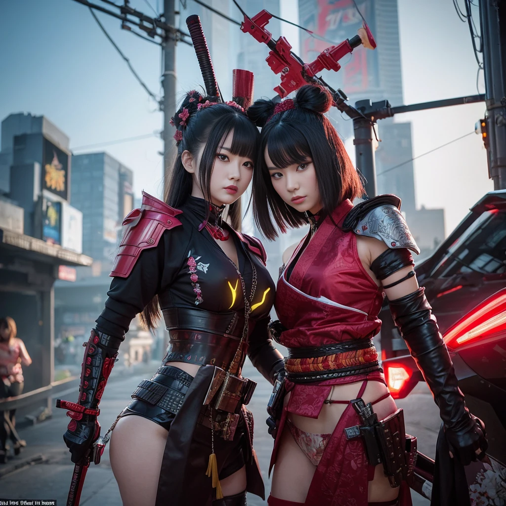 2 hot lady samurai dressed in cyberpunk costumes, duel each other with deadly weapons, they are in a blooming cherry orchard in mid day