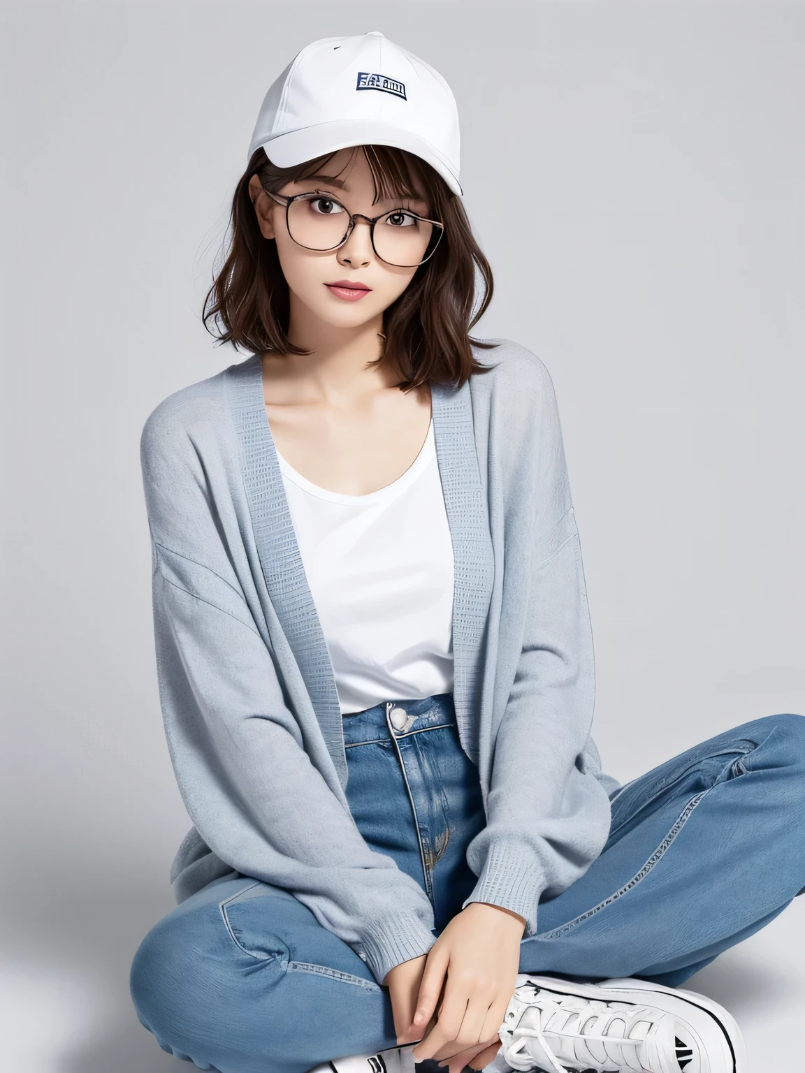 (highest quality, High resolution, masterpiece :1.3), beautiful adult woman, Horizontal eyes, ((pure white background)), (Please wear a white shirt, wearing a light blue cardigan, wearing white wide pants, wear sneakers, Wear a hat, round glasses), (loose wavy gray bob hair), ((Accurately express details such as faces and skin textures)), take a pose, look away,