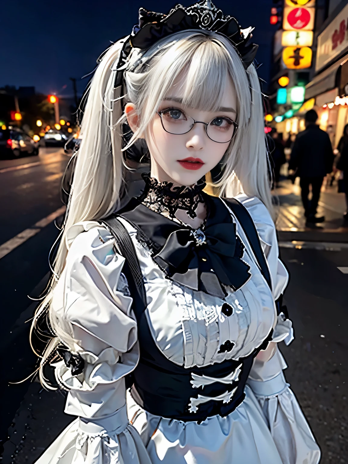raw photo, 8k, (top-quality), Realistic, (real picture, Intricate details), (natural skin texture, detailed skin, hyper realism, sharpness), (Japanese teenage girl in a downtown area at night, neon light), ((maid costume with black and white, lolita fashion, gothic fashion), (slender body, pale skin:1.2), ((white hair, twintail hairstyle, blunt bangs)), (glasses, provocative look, Parted lips:1.3, eye shadow, eyeliner, tear bag:1.3, red lips), night time, spot lighting:1.3