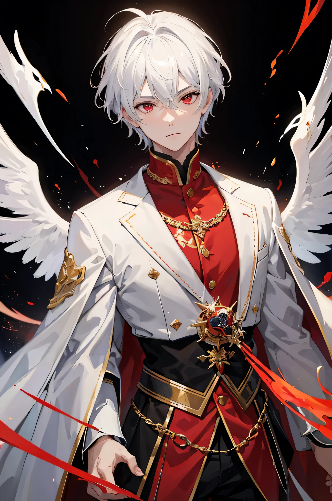 masterpiece, 8k, high-quality, 1boy, man, solo, white hair, red clothes, red eyes, heaven, king, emperor, luxurious clothes, heaven, night, radiance, flashy, eldritch, ascended