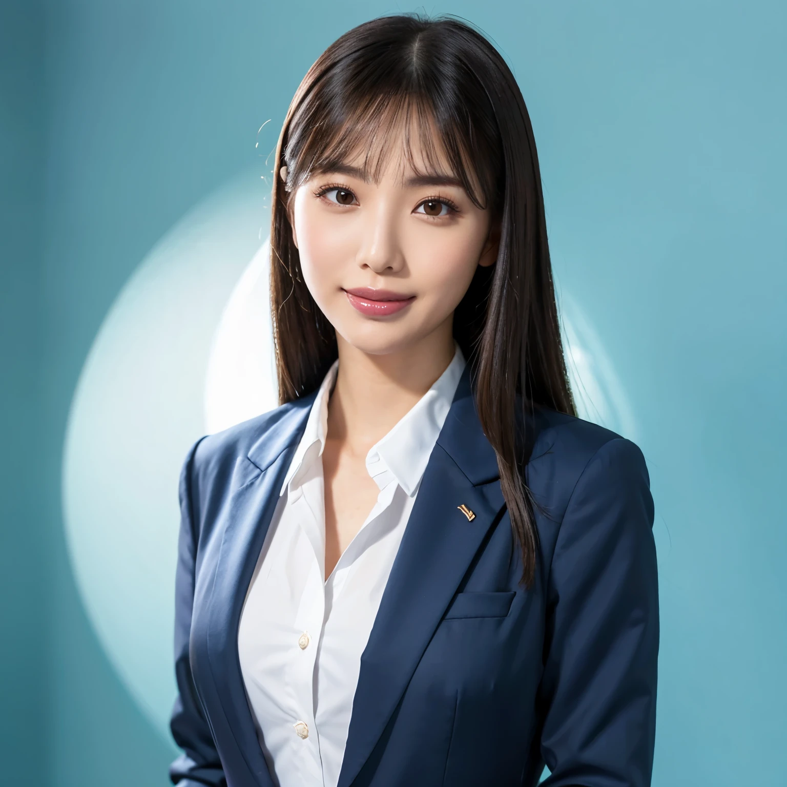 (highest quality、table top、8k、best image quality、Award-winning work)、1 beautiful woman、(formal straight medium hair:1.1)、(wearing a formal business suit:1.3)、(wearing a suit over a formal shirt:1.3)、smile looking at me、big breasts、emphasize body line、(Above the shoulders photo 1.2)、(A woman perfectly positioned in the center of the screen:1.1)、(Upright posture facing me directly:1.3)、(Stand upright and face straight ahead.:1.3)、elegant makeup、Ultra high definition beauty face、ultra high definition hair、Super high-definition sparkling eyes、Super high resolution glossy lips、accurate anatomy、very beautiful skin、Super high-definition glowing beautiful skin、(solid blue background:1.2)、(The most elegant and perfect frontal upright posture:1.2)