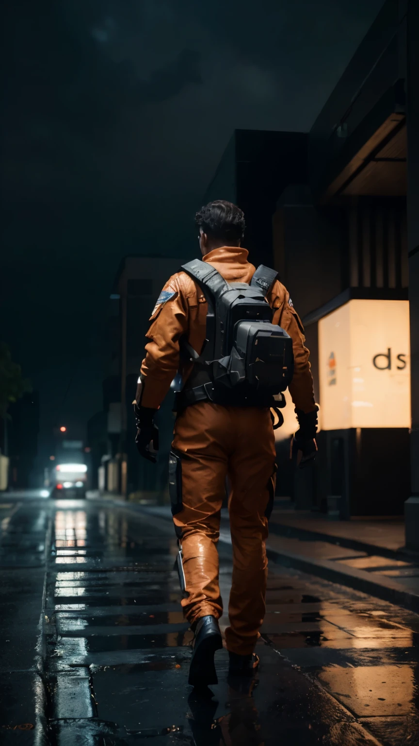 Award winning professional photograph masterpiece of an astronaut in orange suit detailed suit, exotic costume, walking away on a wet street on the surface of sci fi Mars l, a wide street, dark palette dark space with contrast and a lot of planets on the space, highlights features, highly detailed, photorealism, epiC realism realistic vision V3, intricate details, masterpiece, TXAA, SSAO, unreal engine 5, octane render, high tech space lumen reflection, rule of thirds, dynamic movement anthropomorphic, post processing unified 8K wallpaper, volumetric lighting, Avengers style details, Odyssey