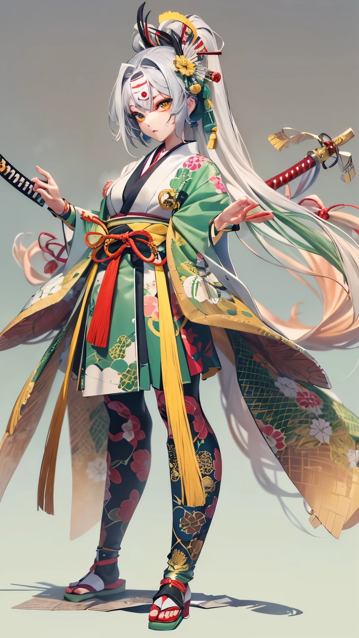 low-angela, full-body, ((battle dancing stance)), (hand holding Japanese long swords gripping swords in hands):1.4) (solo:1.3, ((kabuki makeup face)), (green hair long oiran hair, cute girl, 14 yo, cute yellow eyes), (in a immensely kabuki uniform), ((kabuki dancing:1.2)) (in the Hakataza Theater),  break, perfect anatomy, masterpiece:1.2, best quality, 8k, beautiful detailed grow, daydreaming expression.