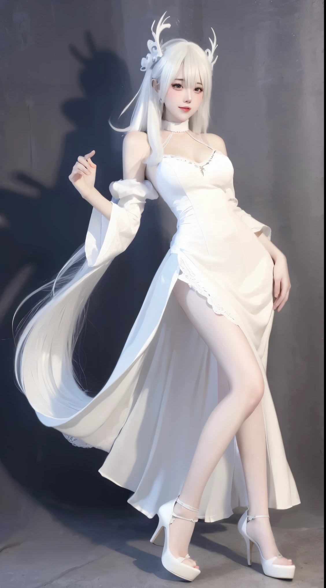 8k, surreal, masterpiece, best quality, super detailed, high resolution, random background, 1 girl, (:1.5), Yao Liu, white hair，whole body，white wedding dress，High heel，whole body，