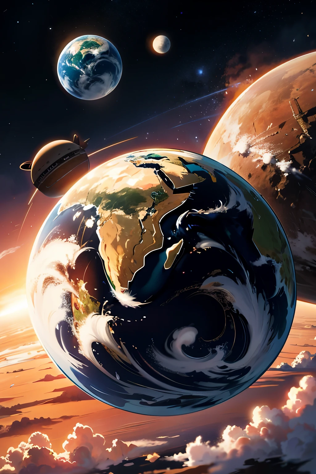 Create a breathtaking scene of a solar system in digital art using Unreal Engine. Make a vivid representation of an Earth-like planet, surrounded by smaller planets in various sizes and hues. Pay meticulous attention to the intricate details of each planet's terrain, from the swirling blues and greens of Earth's oceans and continents to the rusty reds and rocky surfaces of Mars. Add realistic atmospheric effects, such as clouds and weather phenomena. To enhance the depth and realism of the scene, include a few moons orbiting around the planets. Use bold brushstrokes and warm colors to depict the lush greenery and sunlit landscapes of the