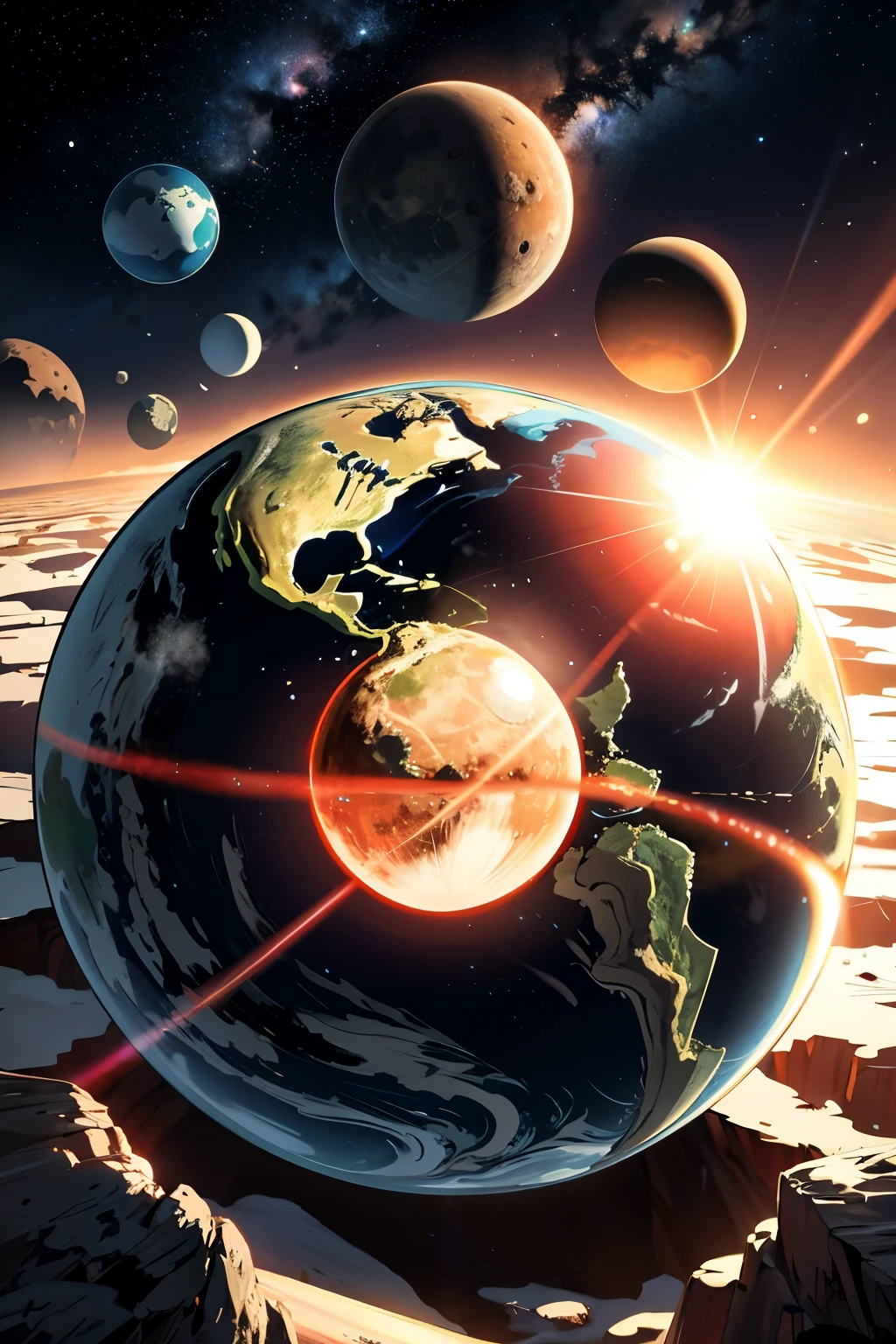 Create a breathtaking scene of a solar system in digital art using Unreal Engine. Make a vivid representation of an Earth-like planet, surrounded by smaller planets in various sizes and hues. Pay meticulous attention to the intricate details of each planet's terrain, from the swirling blues and greens of Earth's oceans and continents to the rusty reds and rocky surfaces of Mars. Add realistic atmospheric effects, such as clouds and weather phenomena. To enhance the depth and realism of the scene, include a few moons orbiting around the planets. Use bold brushstrokes and warm colors to depict the lush greenery and sunlit landscapes of the