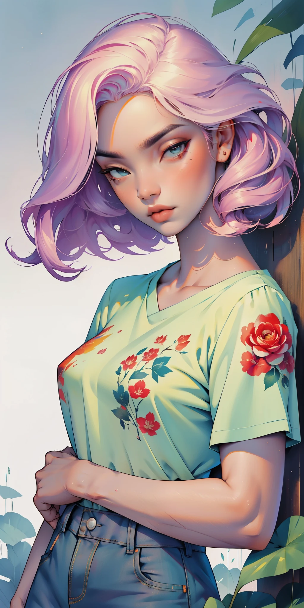 beautiful woman with neon-tattoos holding flowers, with painted-body in cyberpunk aesthetic, high resolution, glowing skin, digital art, dark background, neon colors, neck and body-tattoos, glowing blue eyes, pink flower in hand tattooed body-parts