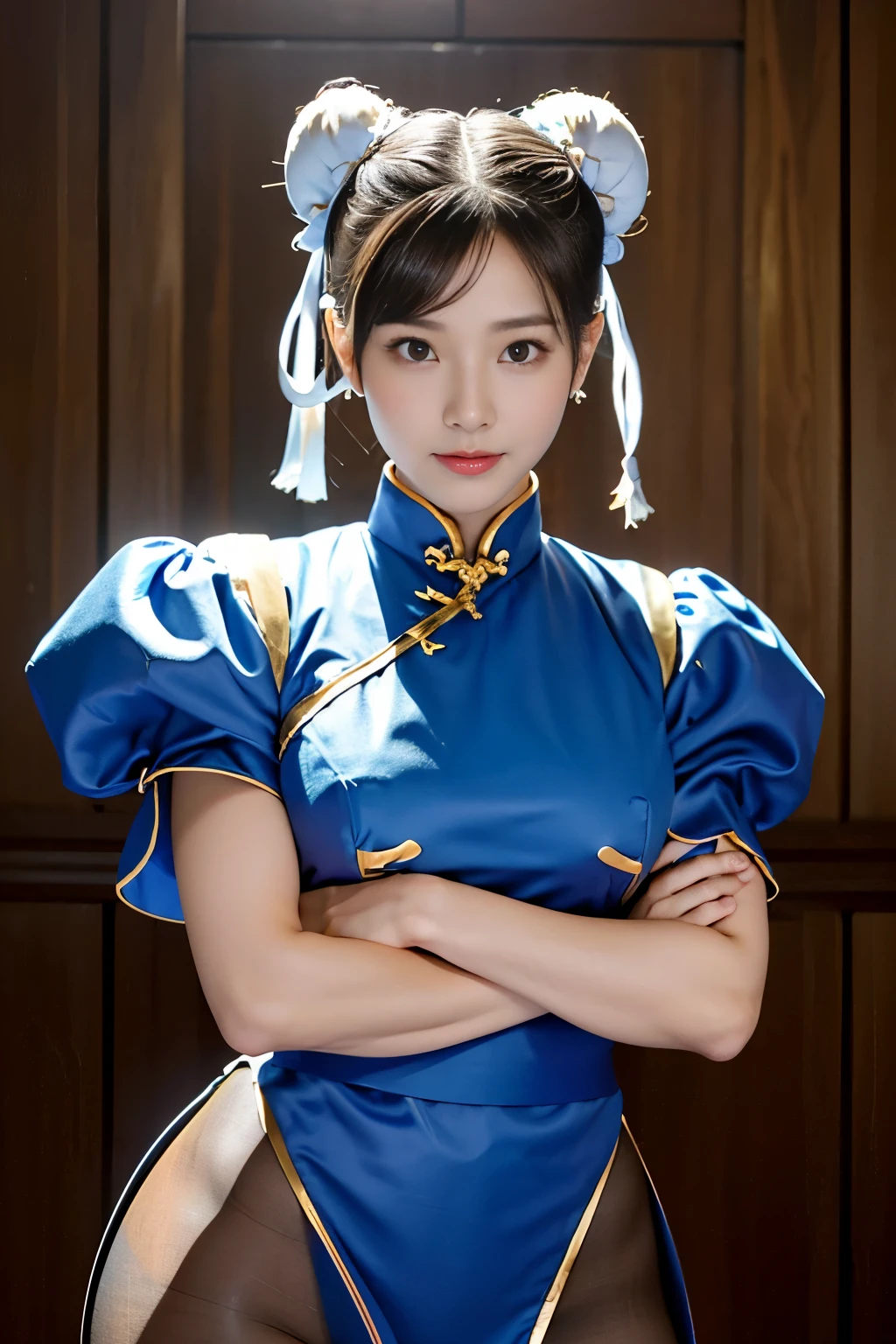 Chun-Li from Street Fight II,perfect chun li costume,Blue cheongsam with gold lines,Bun head,bun cover,fighting pose,masterpiece、1 beautiful girl、fine eyes、puffy eyes、highest quality, 超High resolution, (reality: 1.4), movie lighting、Japanese、asian beauty、Korean、super beautiful、beautiful skin、body facing forward、close up of face、(超reality的な)、(High resolution)、(8k)、(very detailed)、(美しくfine eyes)、(Super detailed)、 (wall-)、detailed face、bright lighting、professional lighting、looking at the viewer、look straight ahead、slanted bangs、Nogizaka Idol、korean idol、masterpiece, highest quality, masterpiece, highest quality, perfect face, perfect brown eyes with white sclera, bad move-5, alone, 1 girl, Upper body, brown hair, From SF2, Chinese service, smile, muscular woman, blue clothes, pantyhose, pelvic curtain, Puffy short sleeves, Good cover, sash, evaluation:safety